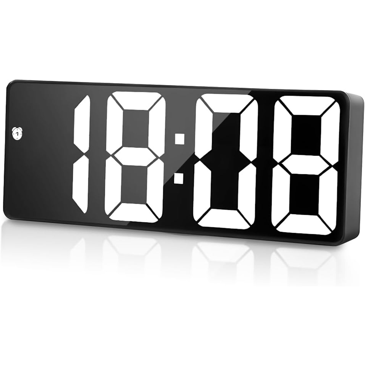 Ein schwarzer Digitalwecker zeigt 18:08 mit weißen Ziffern an.