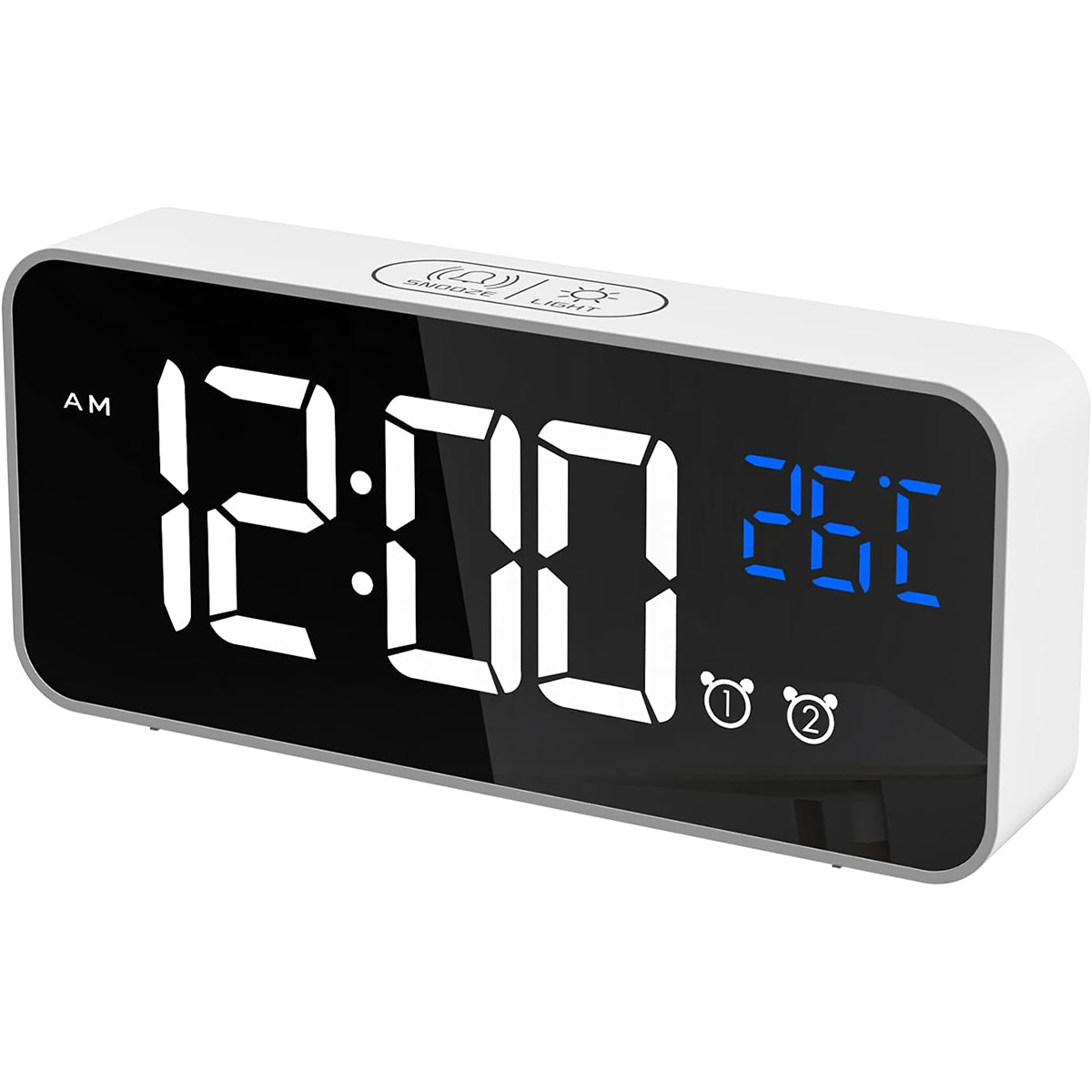Ein weißer digitaler Wecker zeigt 12:00 Uhr und 26 Grad Celsius an.
