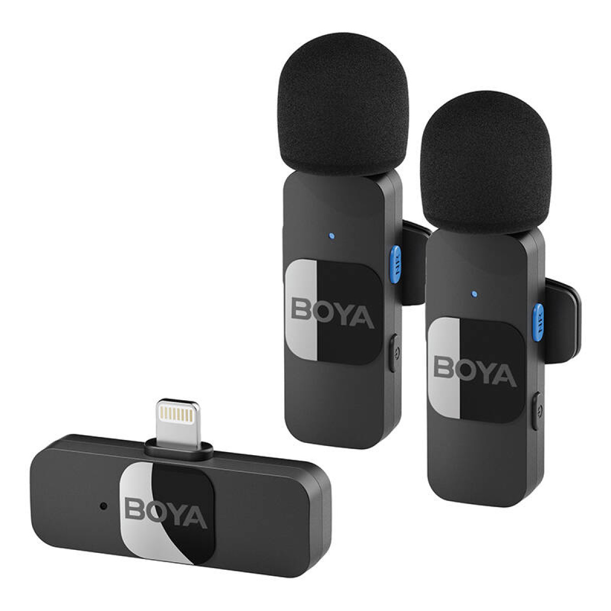 Dos micrófonos negros BOYA con parabrisas y un receptor a juego con conector lightning.