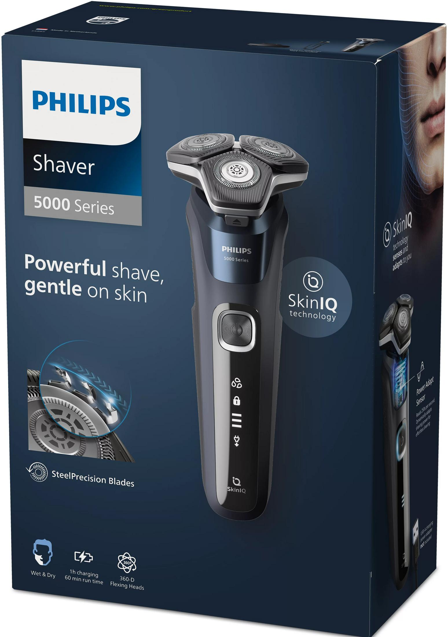 Boîte d'un rasoir Philips Série 5000 avec technologie SkinIQ.