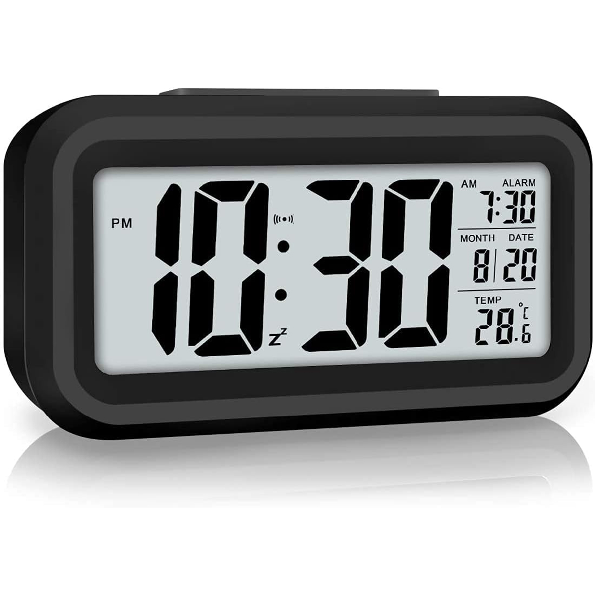 Digitaluhr zeigt 10:30 Uhr, Alarm 7:30, Datum 8/20, Temperatur 28.6 Grad.