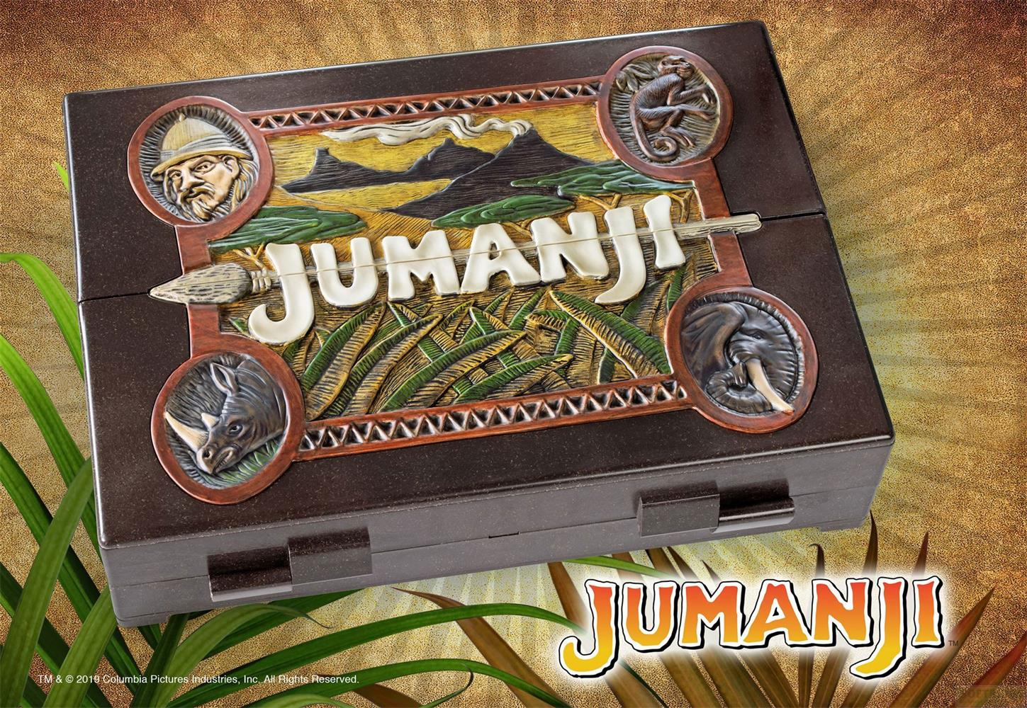 Juego de mesa Jumanji con elefante, mono, rinoceronte y explorador.