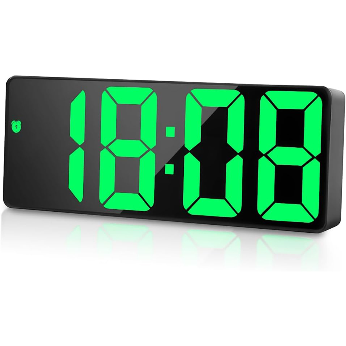 Ein digitaler Wecker zeigt 18:08 in leuchtendem Grün an.