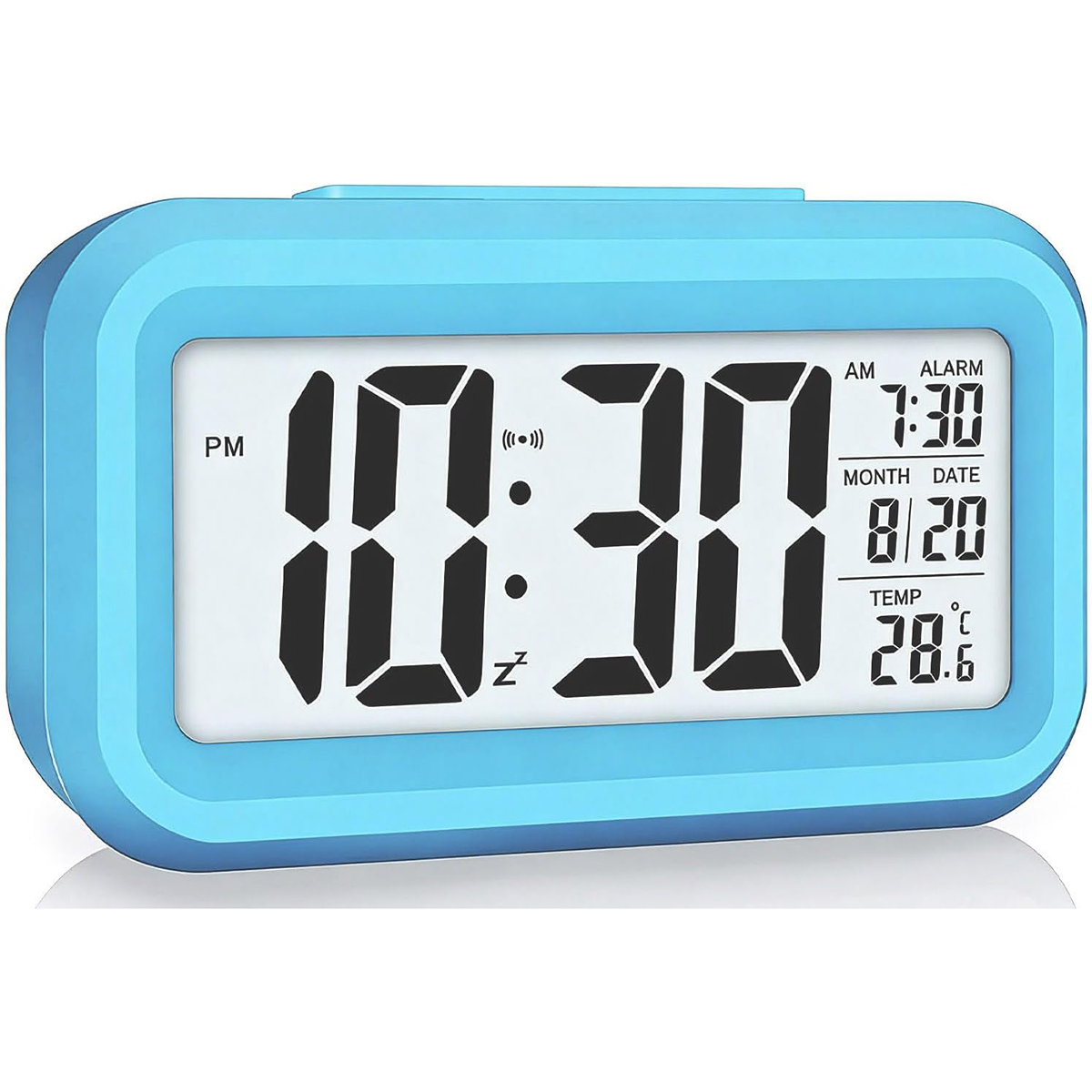Ein blaue Digitaluhr zeigt 22:30 Uhr, Alarm 7:30 Uhr, Datum 20.08., Temp 28,6°C.