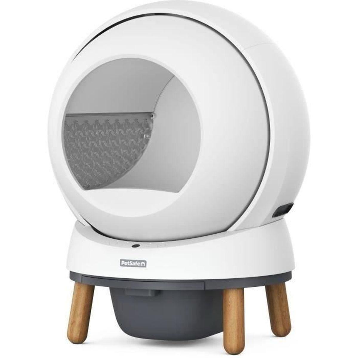 Una lettiera automatica bianca e rotonda con gambe in legno e un contenitore scuro.