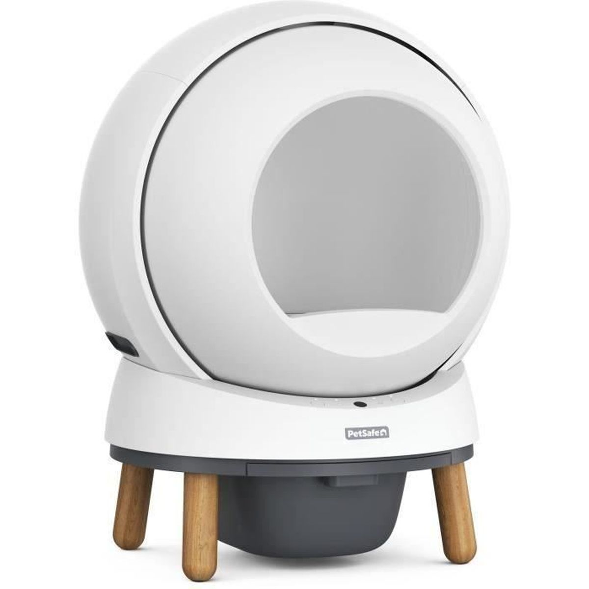 Una lettiera automatica bianca e sferica con gambe in legno e un cassetto grigio.