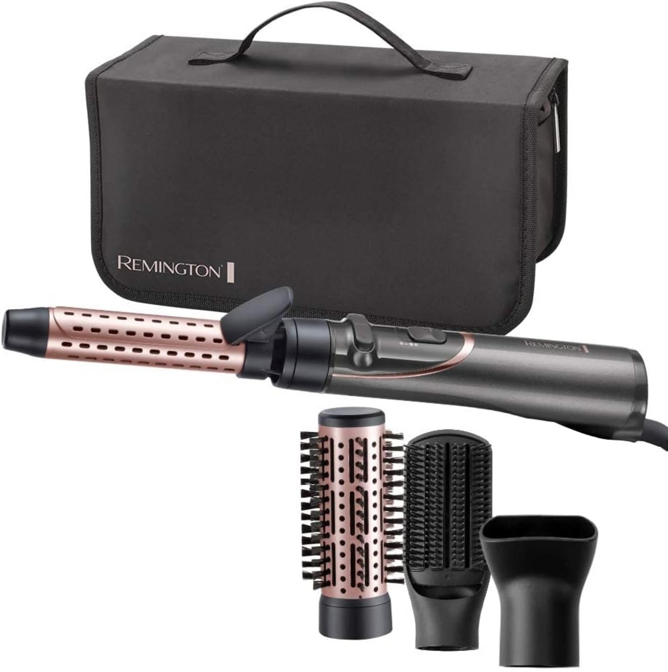 Remington haarstyler met accessoires: borstelopzetstuk, diffuser en tas.