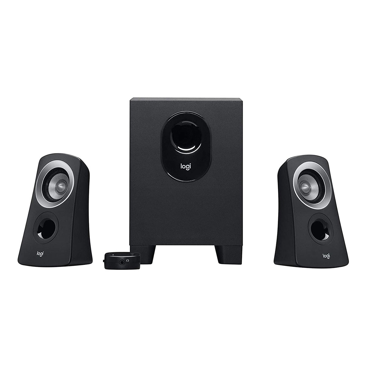 Subwoofer nero con due altoparlanti satelliti e un'unità di controllo.