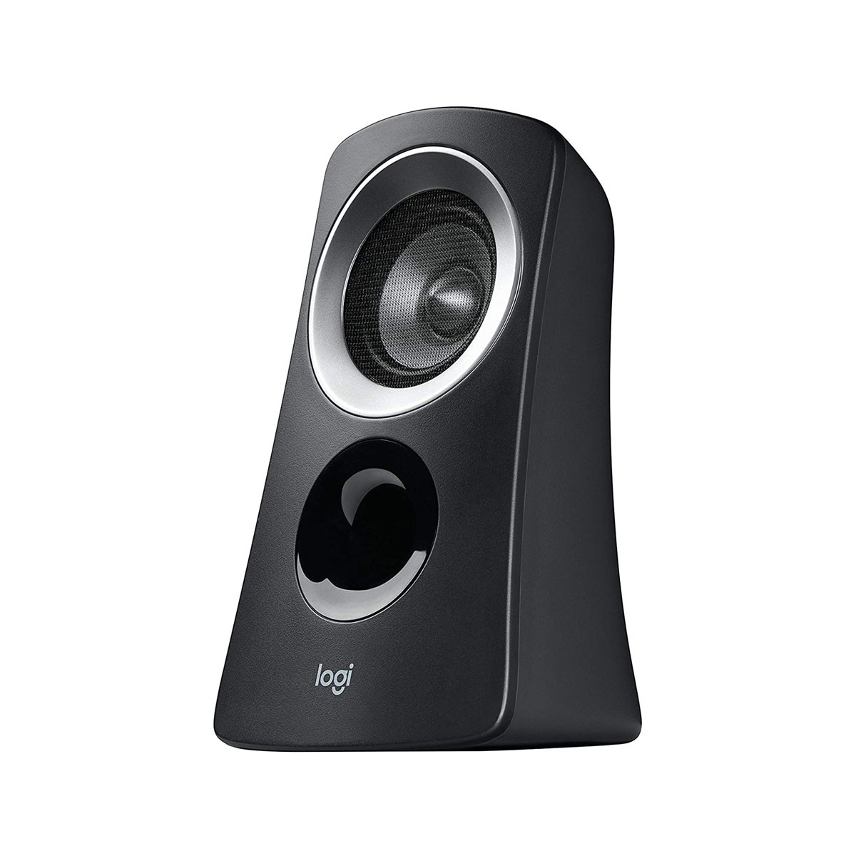 Altoparlante Logitech nero con finiture argentate e cono visibile.