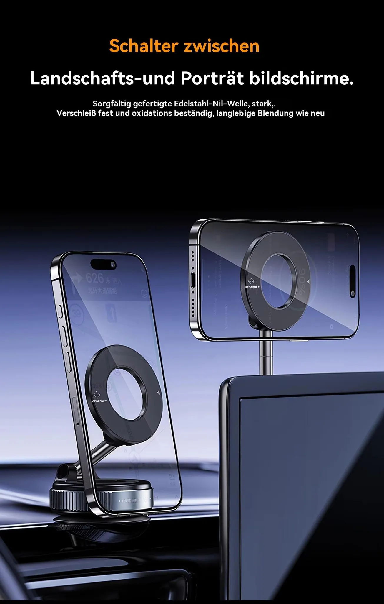 Zwei Telefone mit magnetischen Halterungen, eins im Hochformat, eins im Querformat.