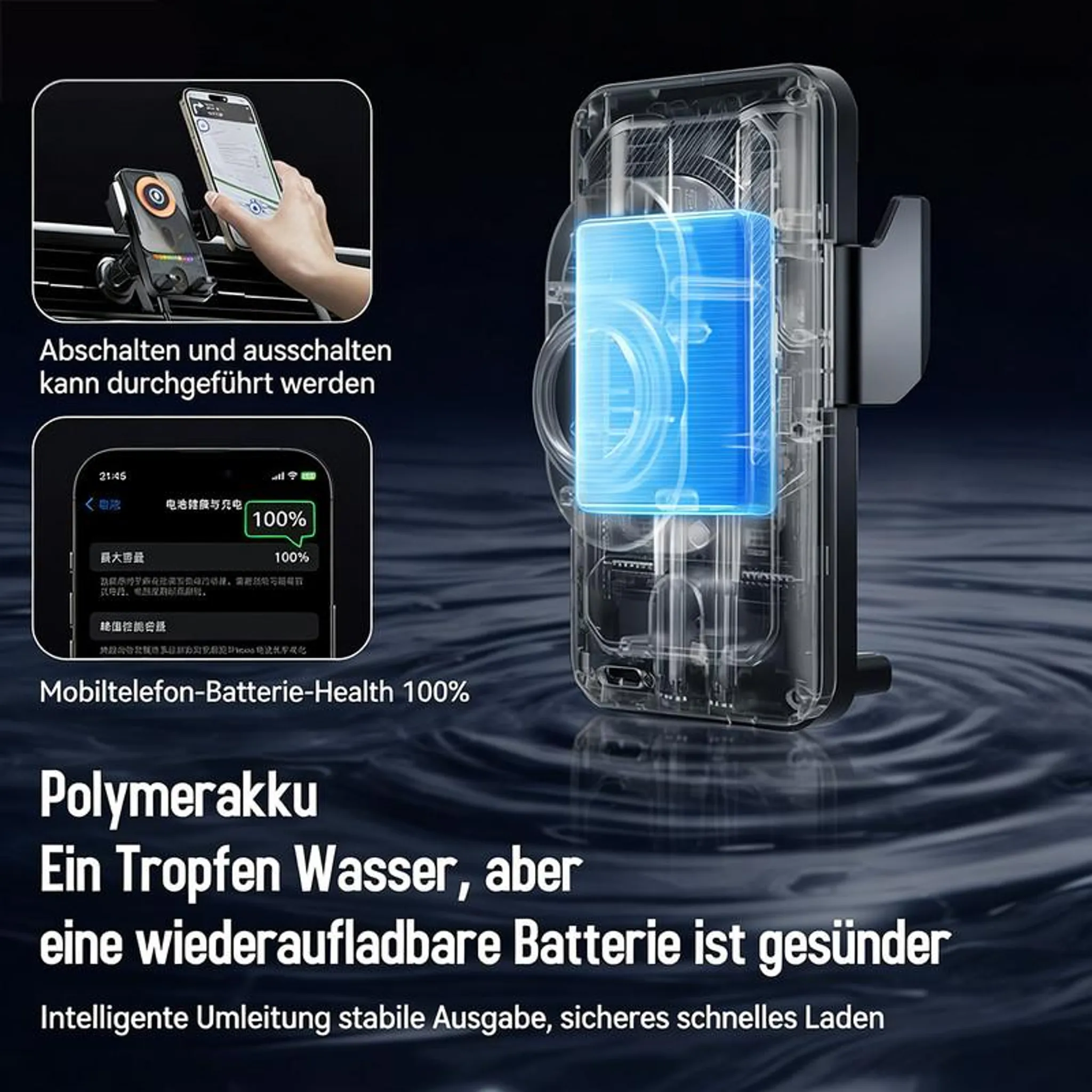 Transparenter Batteriehalter mit blauer Batterie, daneben ein Handyhalter.