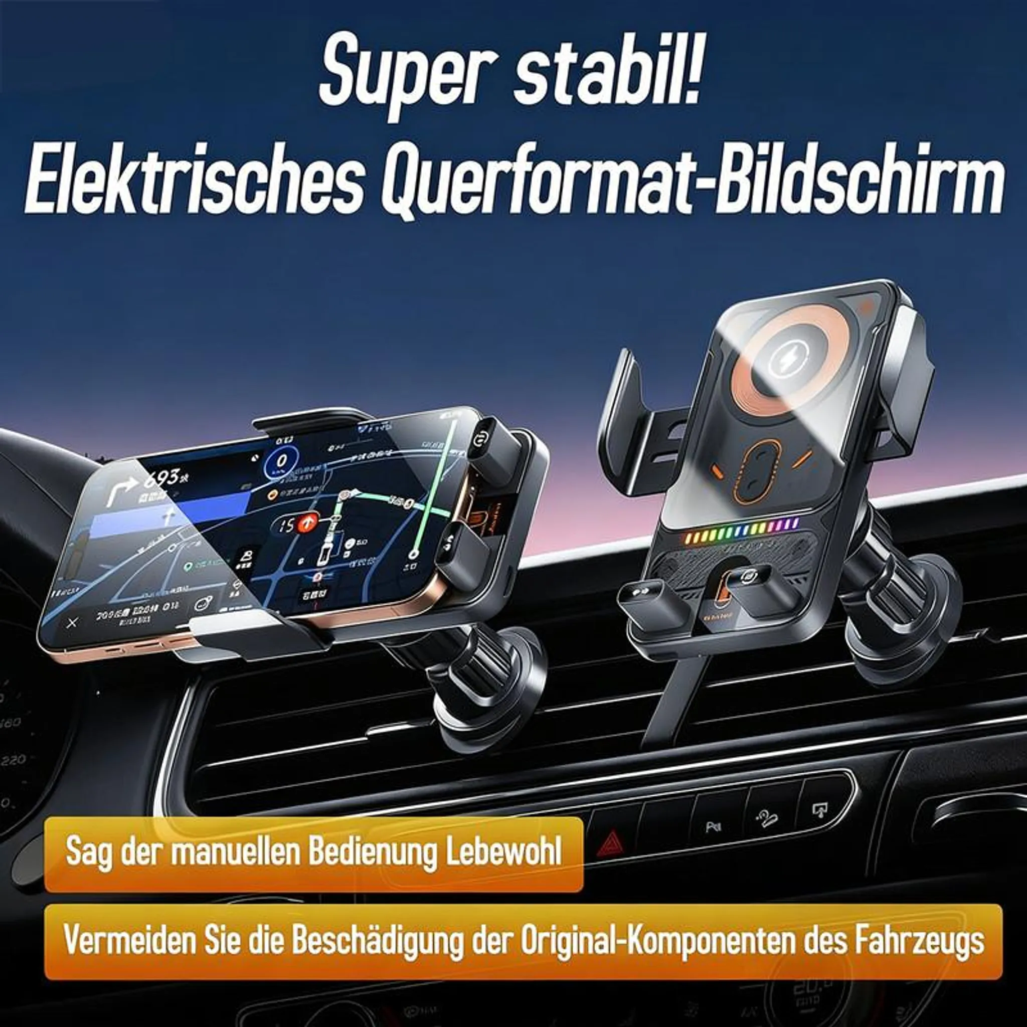 Zwei Handyhalterungen im Auto, eine mit Navi-Anzeige, die andere leer.