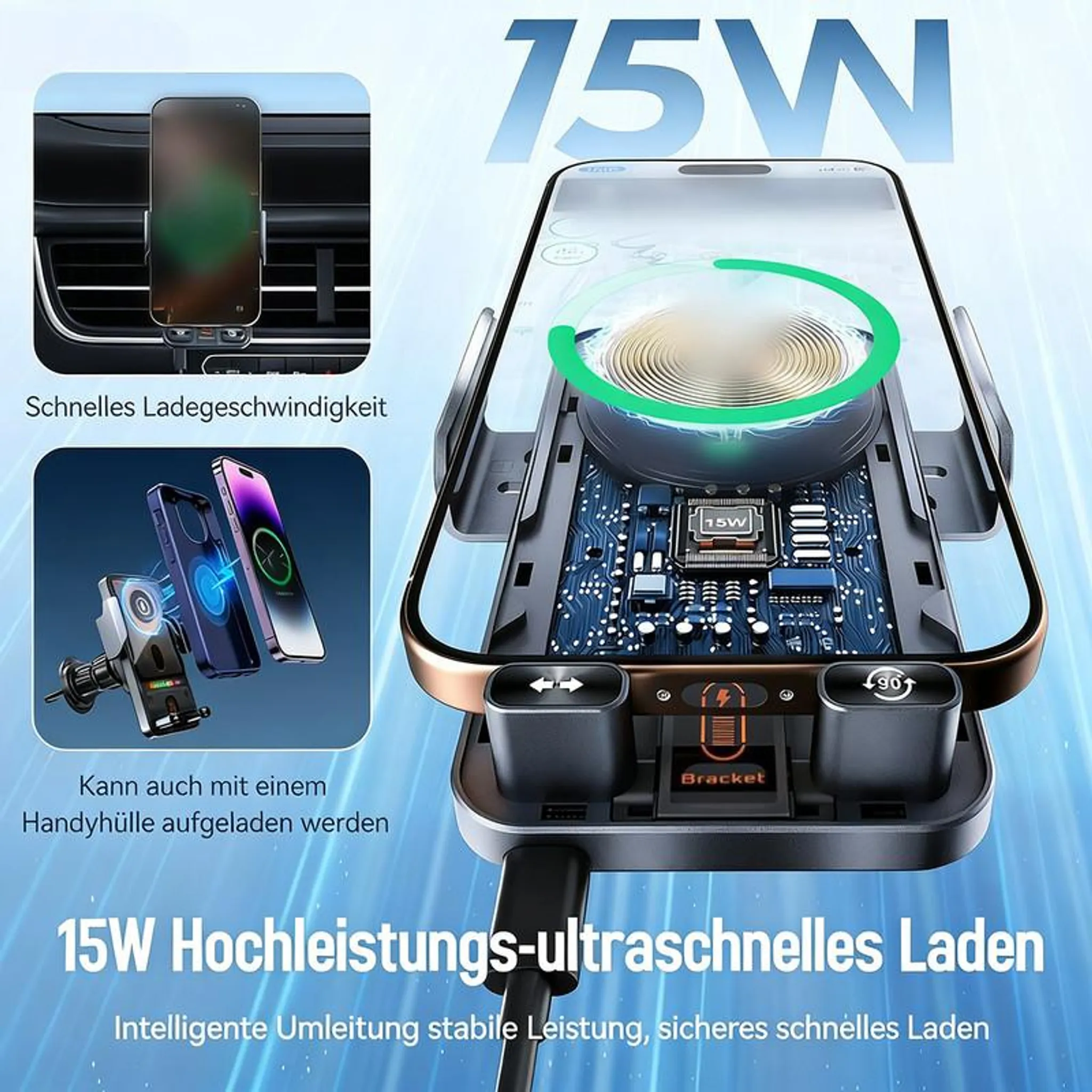 15W schnelles Laden mit Handyhalterung und Ladefunktion.