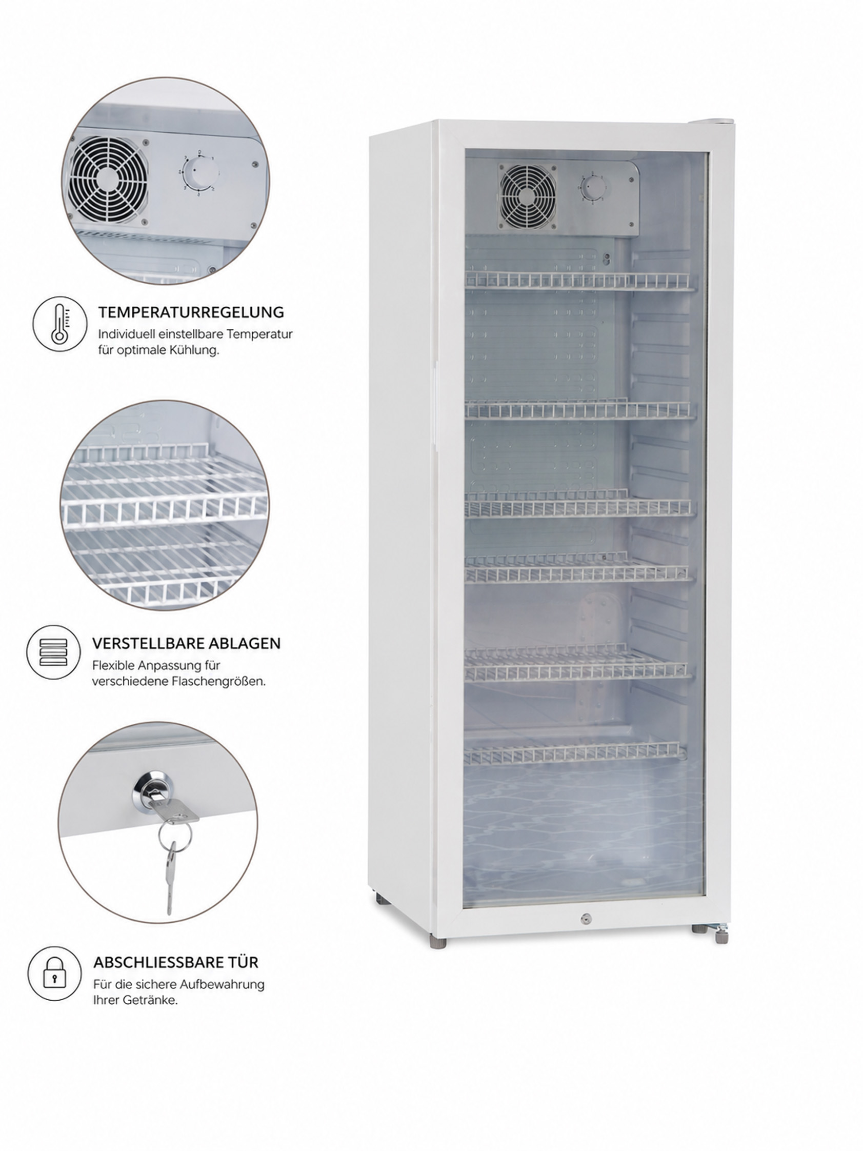 Ein weißer Kühlschrank mit Glastür und verstellbaren Einlegeböden.