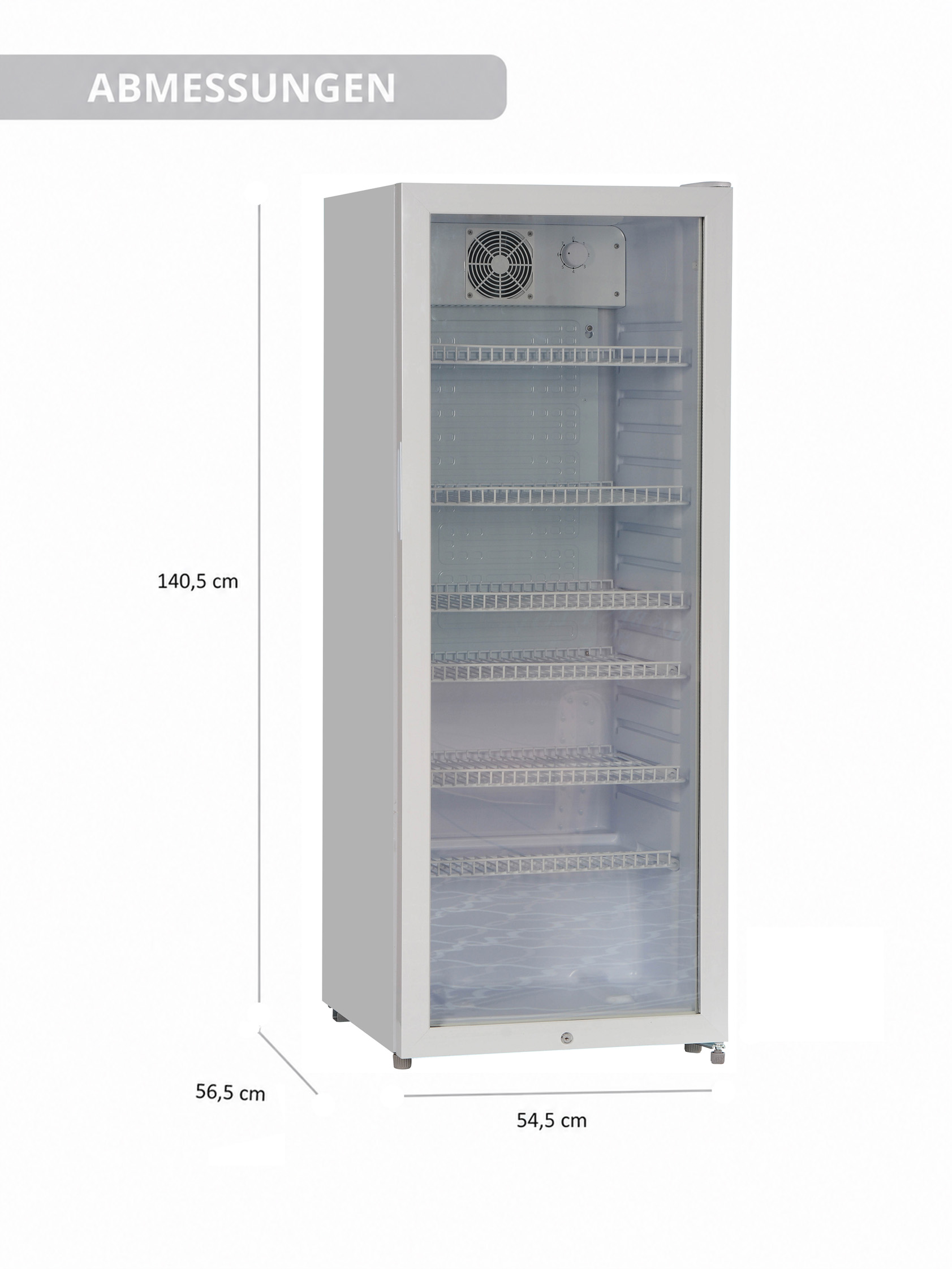 Ein schlanker, weißer Kühlschrank mit Glastür und Regalen, Maße 140,5x56,5x54,5 cm.