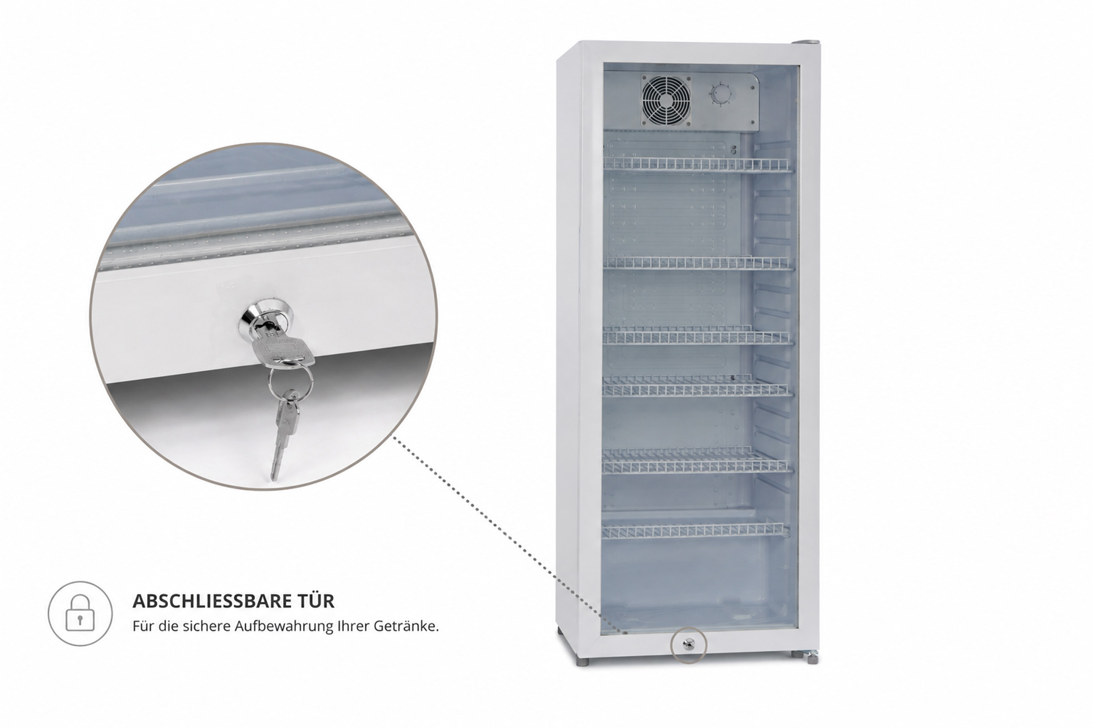 Ein weißer Kühlschrank mit Glastür, der eine verriegelbare Tür und Einlegeböden zeigt.