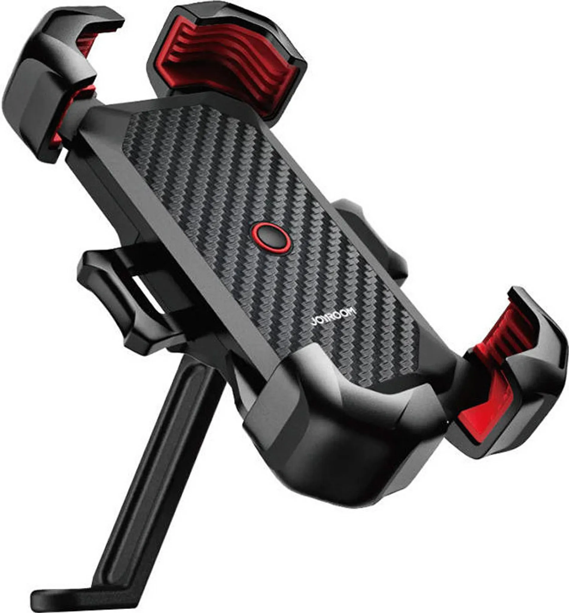 Ein schwarzer Handyhalter mit Carbon-Optik und roten Akzenten.