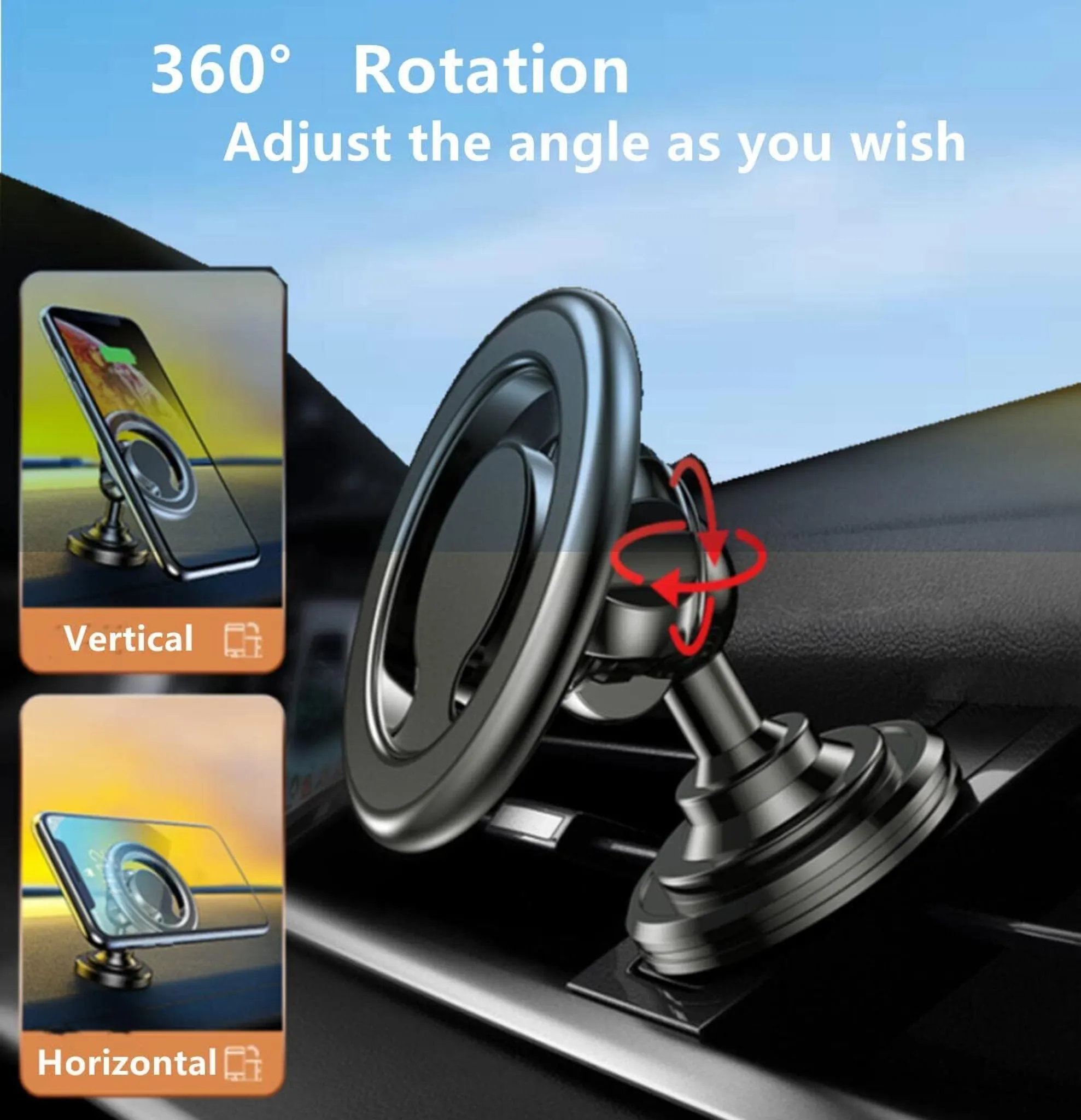 360-Grad-Autohalterung mit Handy in vertikaler und horizontaler Ausrichtung.