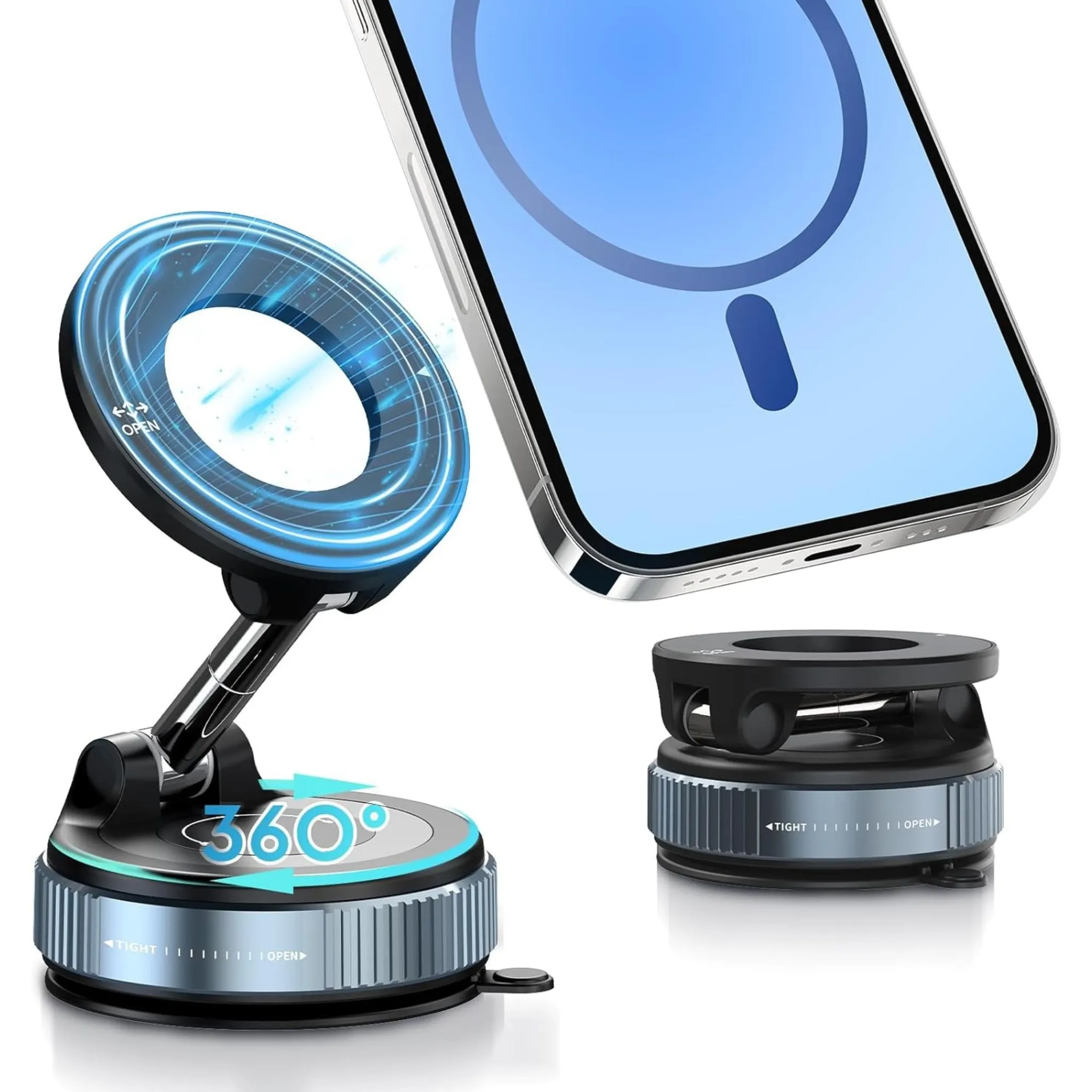 Ein schwarzer Handyhalter mit blauem Ring und ein Smartphone auf weißem Grund.