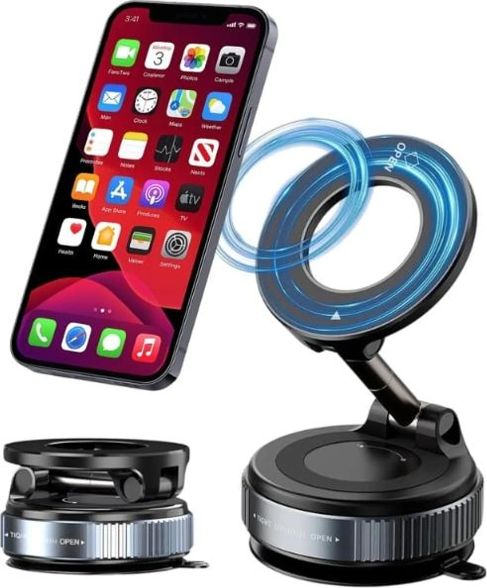 Ein schwarzer Handyhalter mit blauem leuchtendem Ring und einem iPhone.