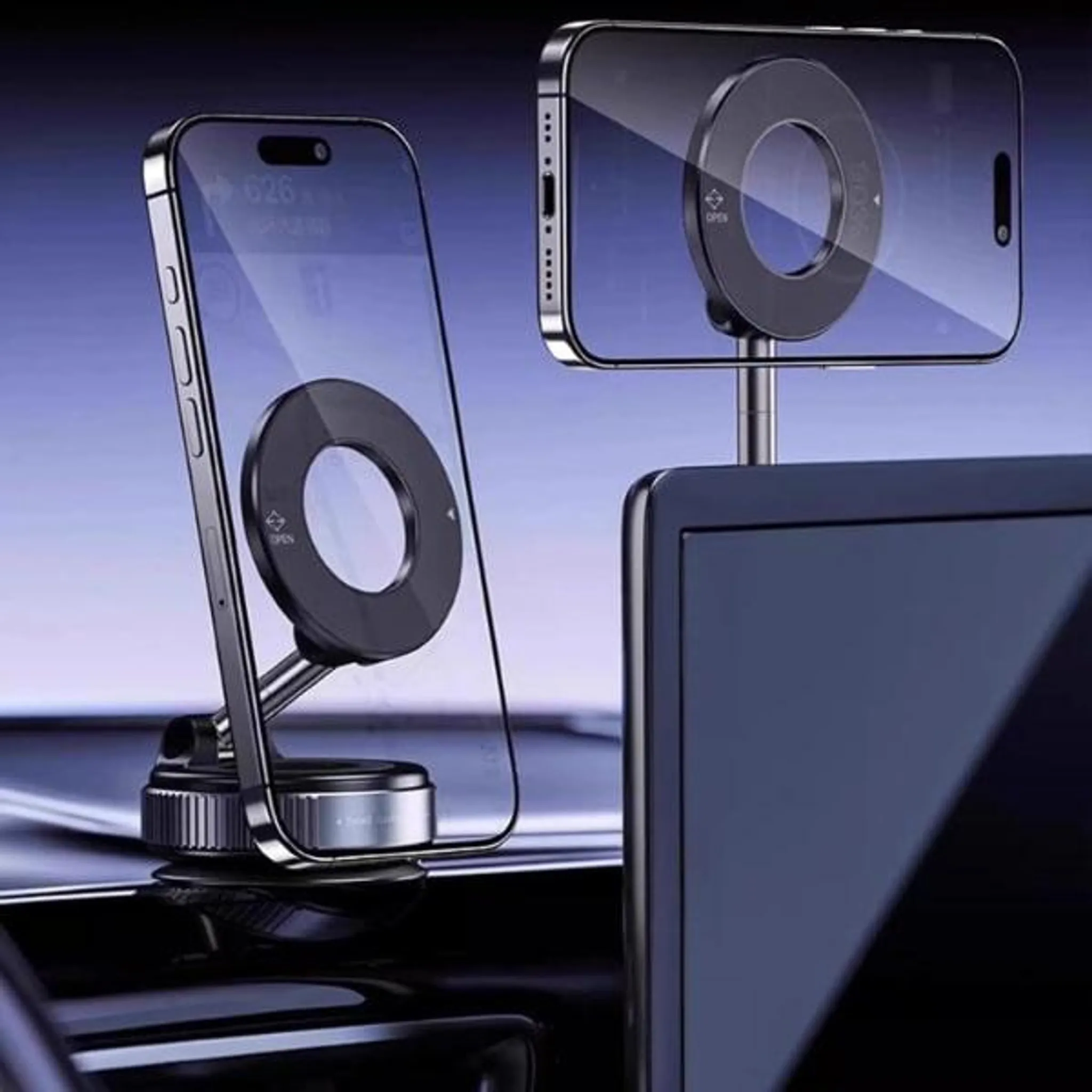 Zwei Smartphones auf Autohalterungen vor einem dunklen Bildschirm.