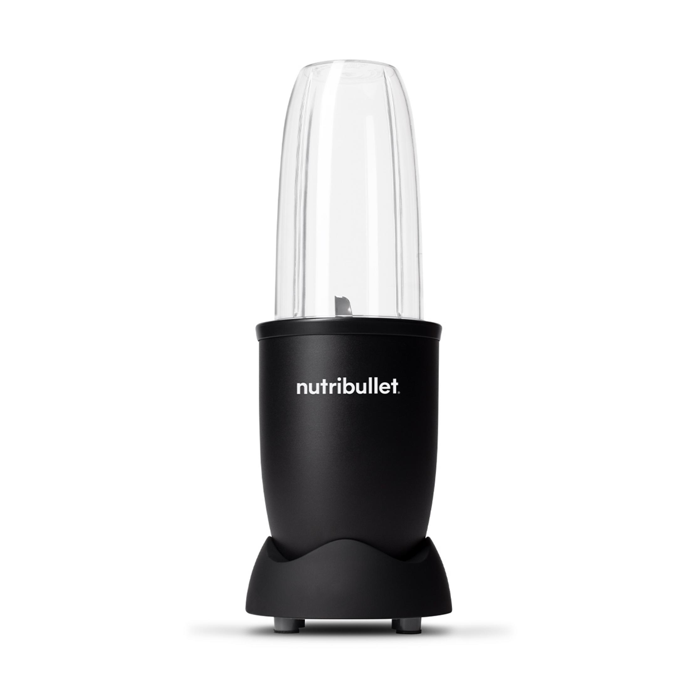 Licuadora Nutribullet negra con vaso transparente y cuchilla.
