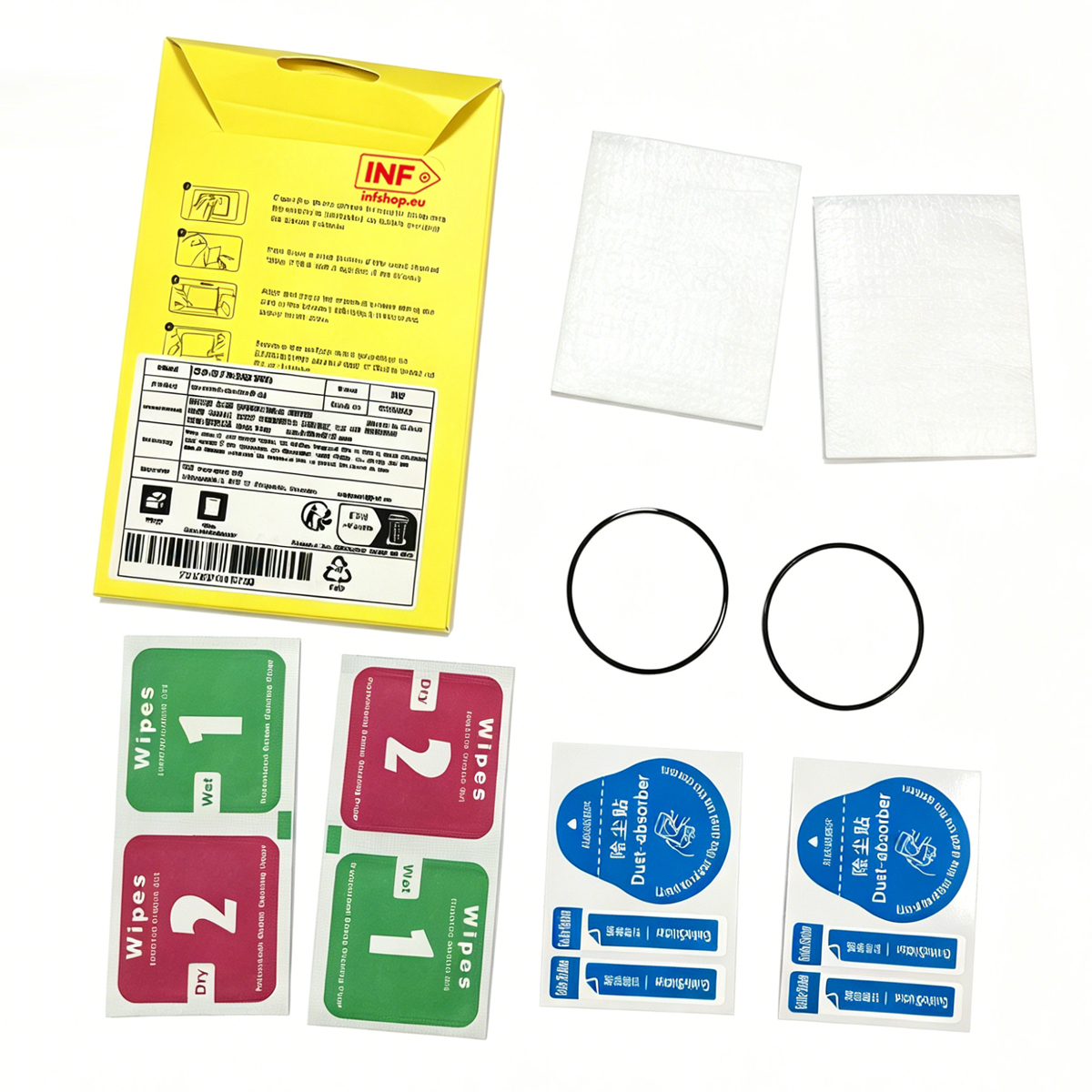 Un kit di pulizia per smartphone con salviette, assorbi polvere e anelli.