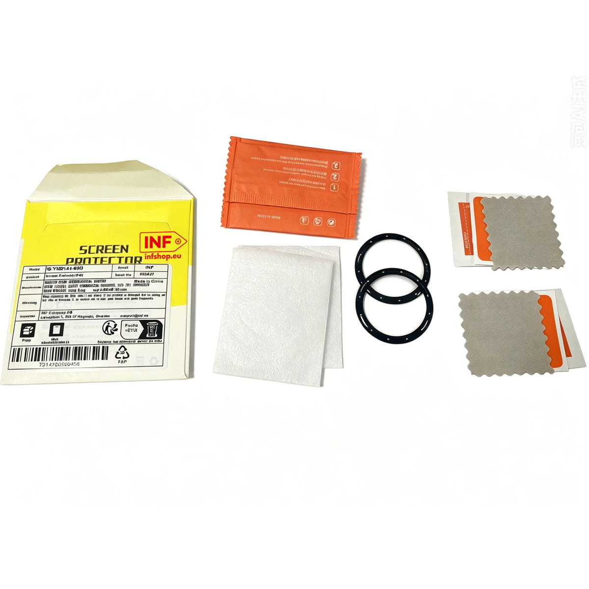 Ein Screen Protector-Kit mit einem gelben Umschlag, einem Reinigungstuch und Ringen.