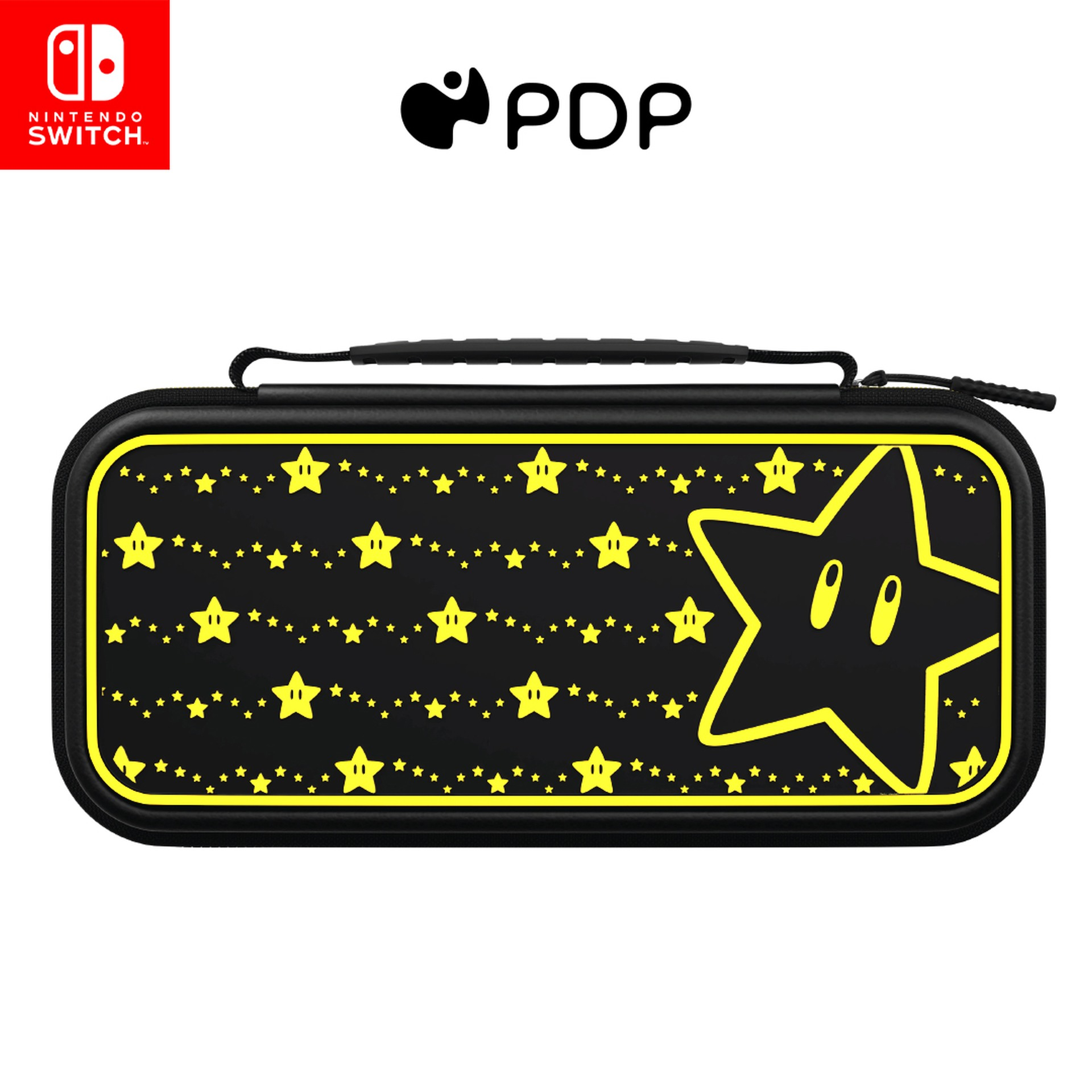 Funda negra para Nintendo Switch con estrellas amarillas y una estrella grande con cara.