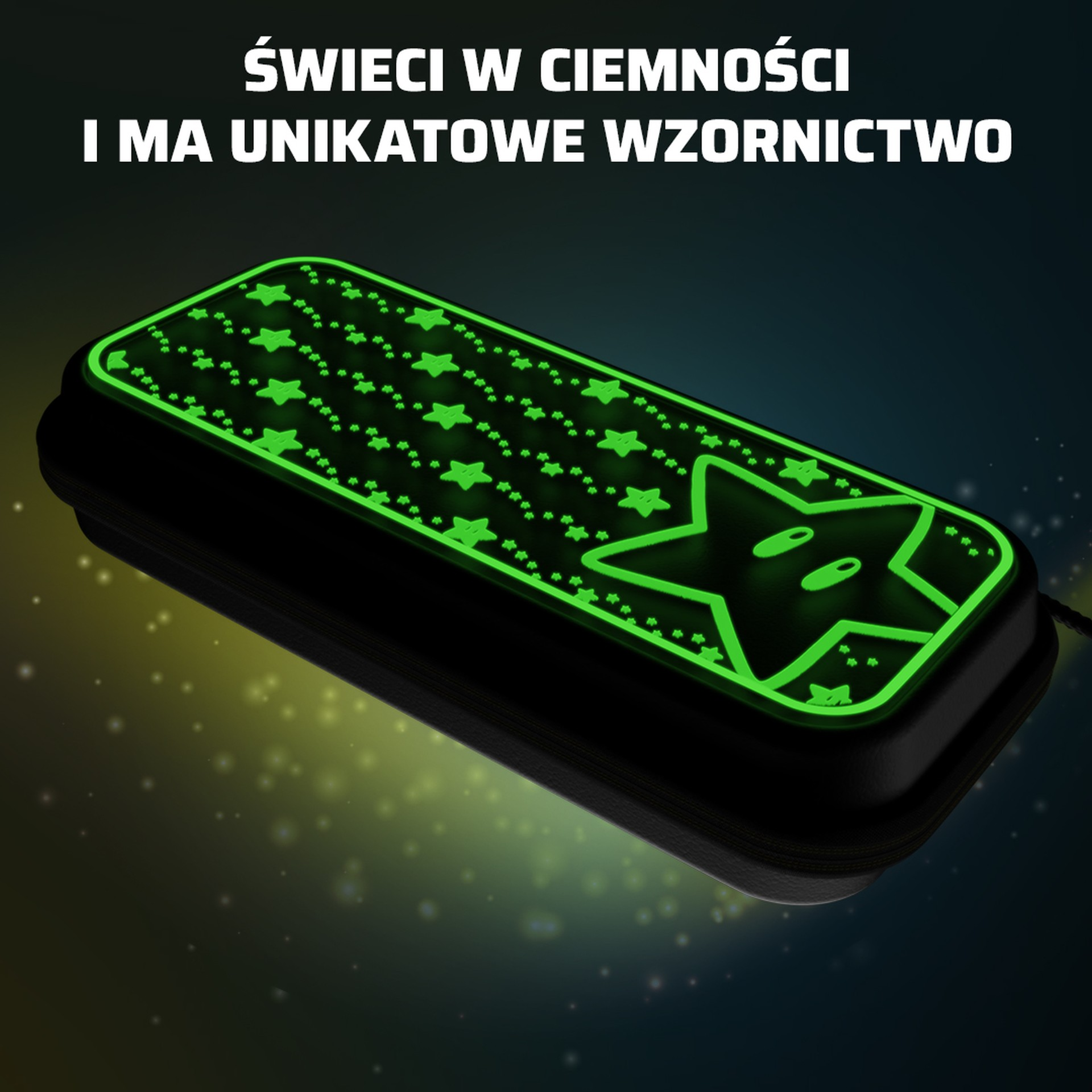 Funda negra con patrón de estrellas verdes brillantes y una estrella grande.