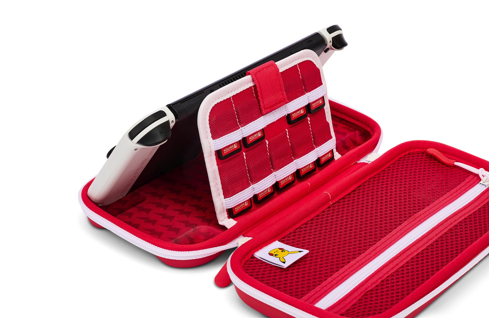 Czerwone etui Nintendo Switch z białym wykończeniem, trzyma konsolę i karty do gry.