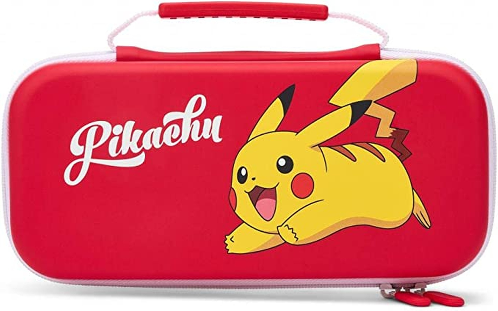 Czerwone etui z Pikachu i napisem "Pikachu" po białemu.