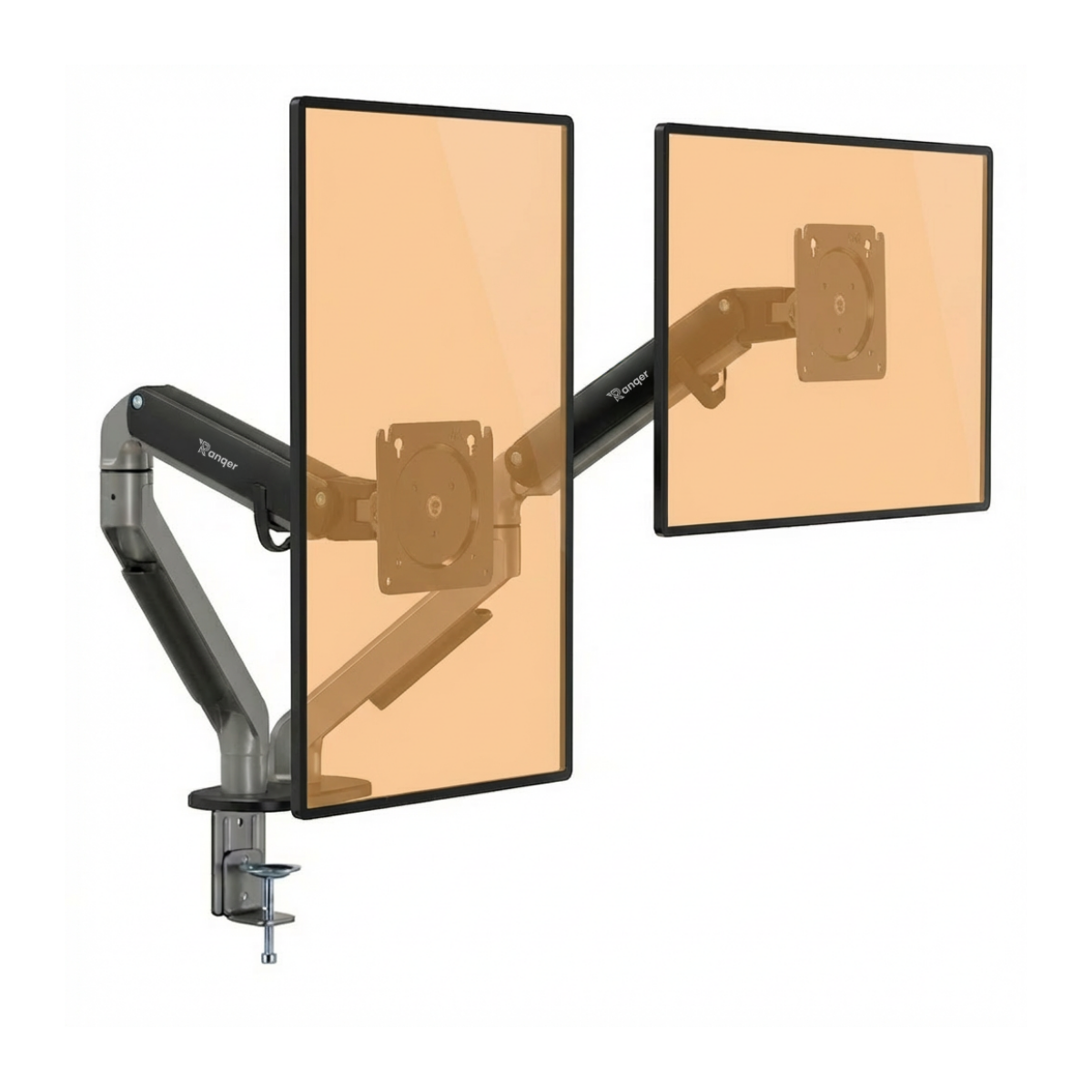 Two monitors on flexible arms clamped to a desk.