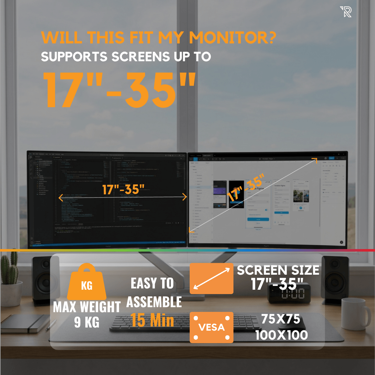 Dual monitors on a desk with text overlay indicating screen size 17"-35".