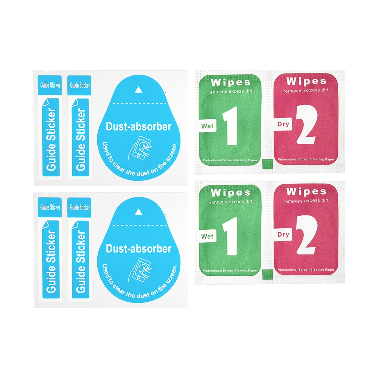 Due set di accessori per proteggi schermo: 2 assorbi polvere, 2 salviette umide/secche, 4 adesivi guida.