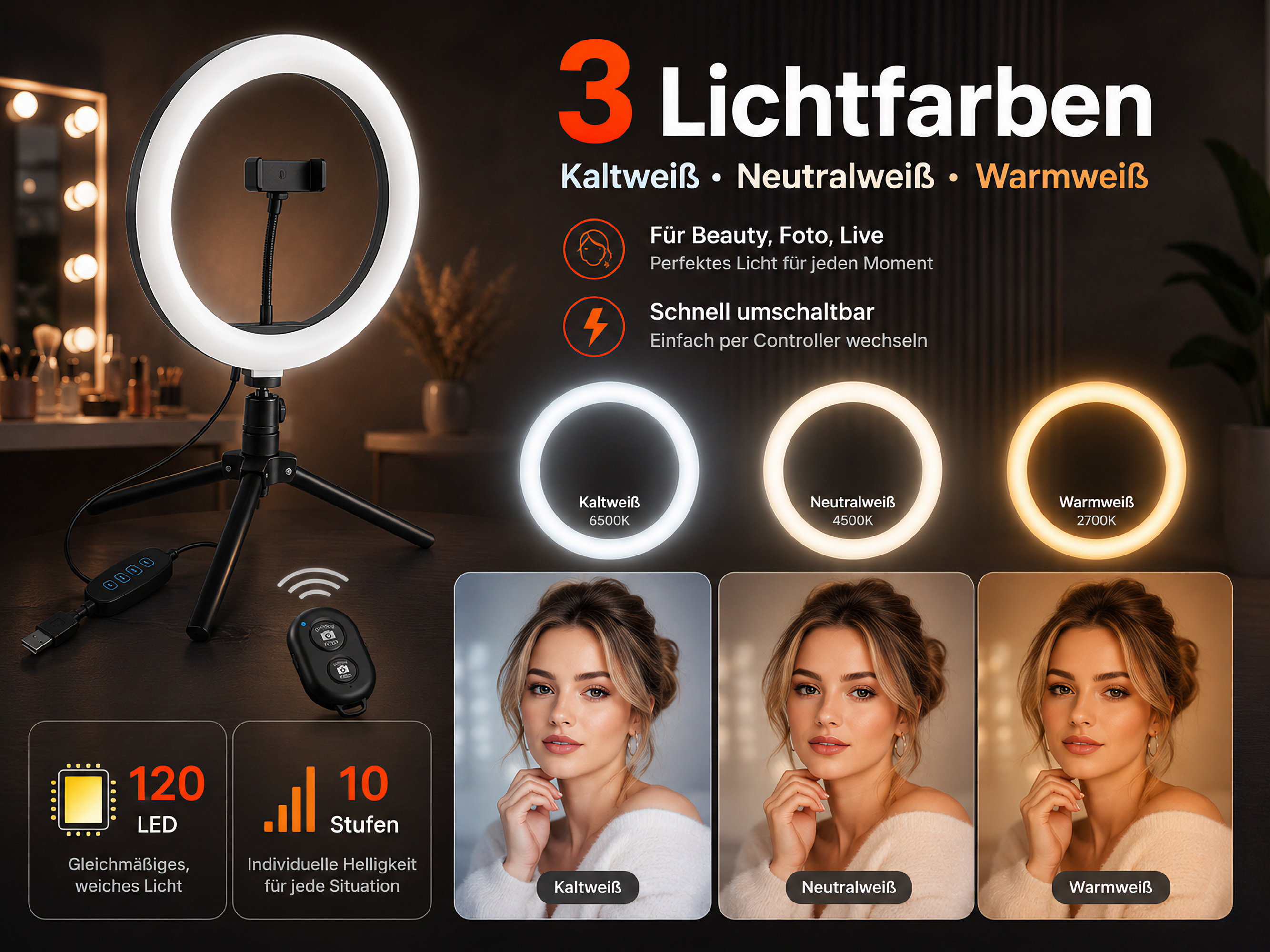 Ringlicht mit 3 Lichtfarben, 120 LEDs, 10 Helligkeitsstufen und Fernbedienung.