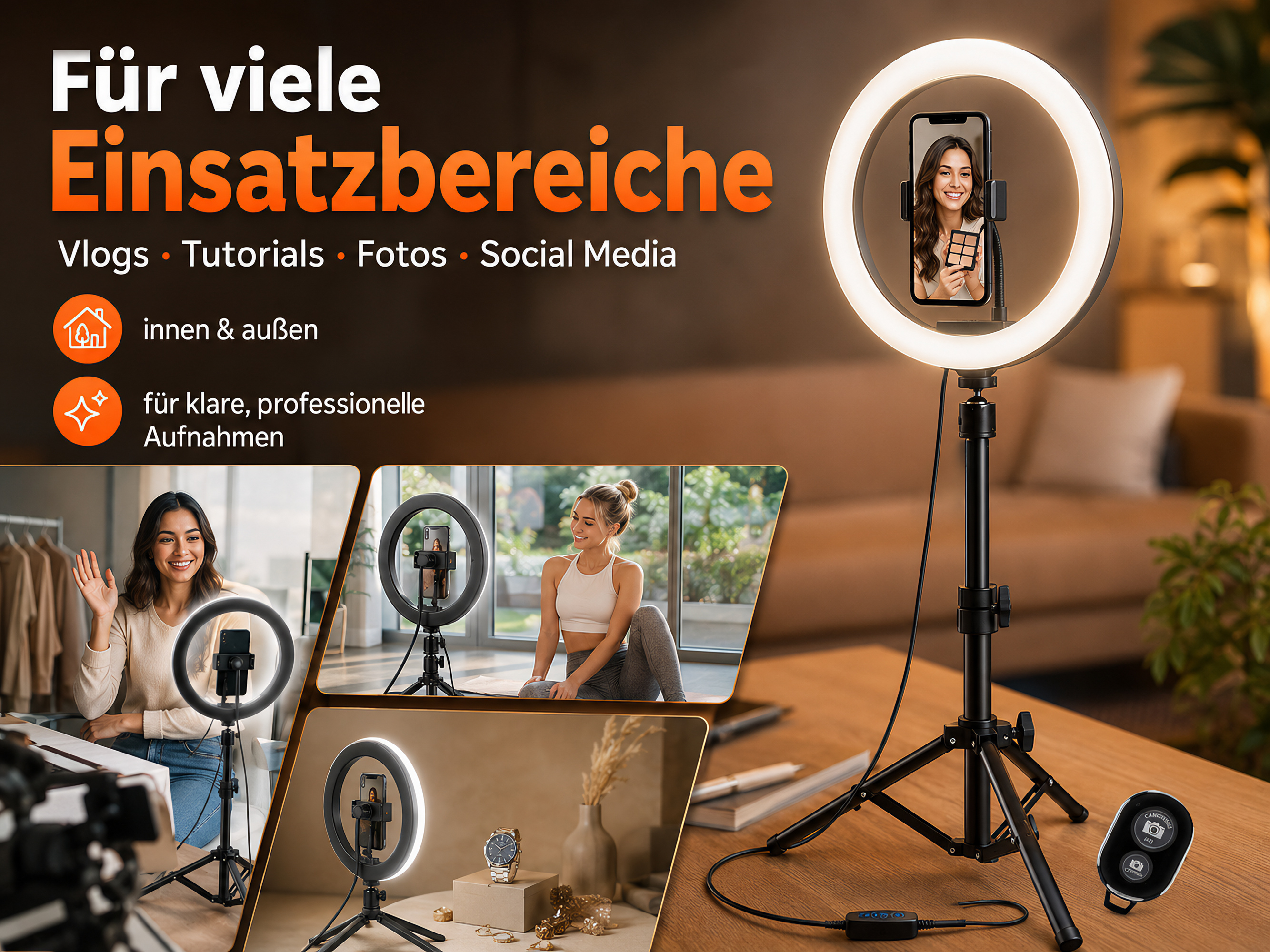 Ringlicht mit Handyhalterung, Laptop, Kleidung und Schmuck auf einem Holztisch.