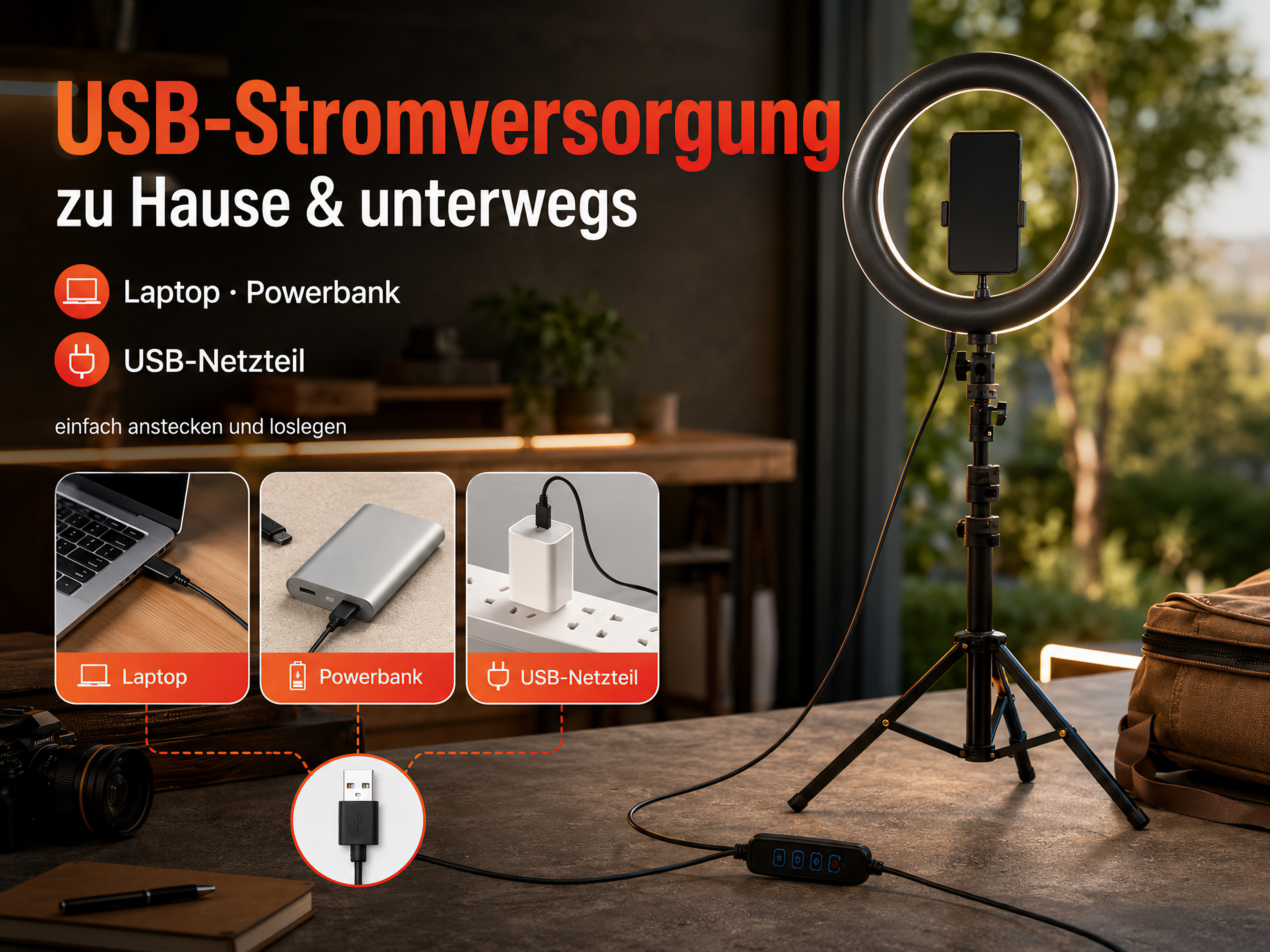 USB-Stromversorgung mit Laptop, Powerbank und Netzteil-Optionen.