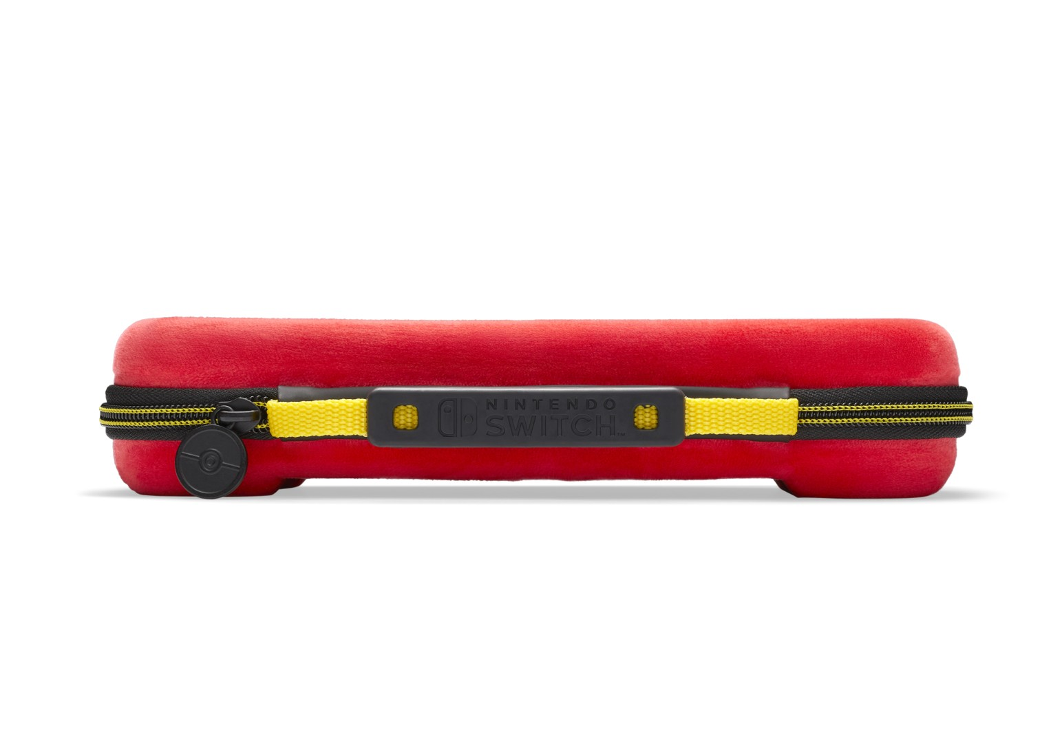 Czerwone etui Nintendo Switch z żółtym paskiem i czarnym zamkiem.