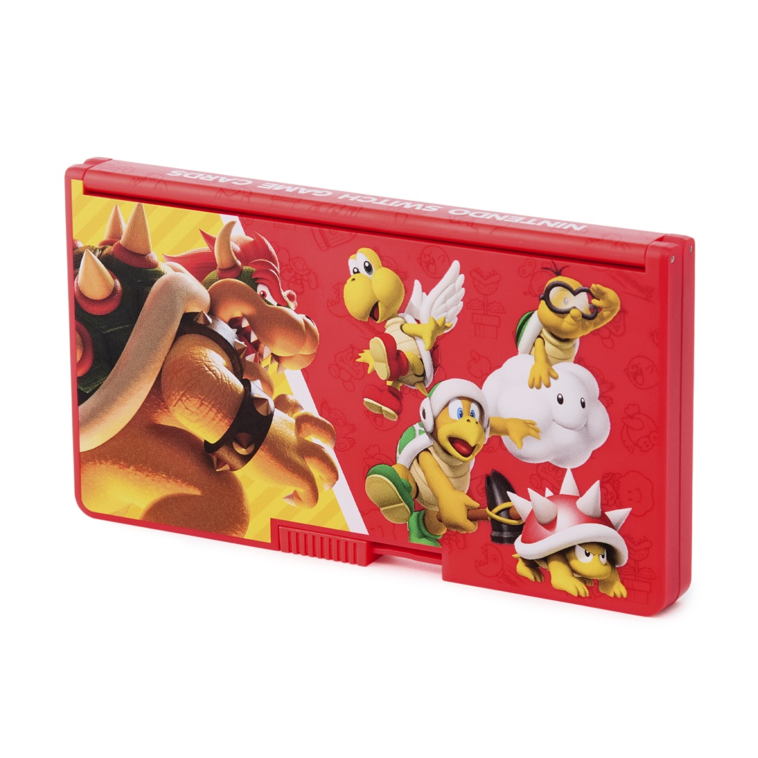 Rote Nintendo Switch-Hülle mit Bowser, Koopa Troopas und einem fliegenden Koopa auf rotem Hintergrund.