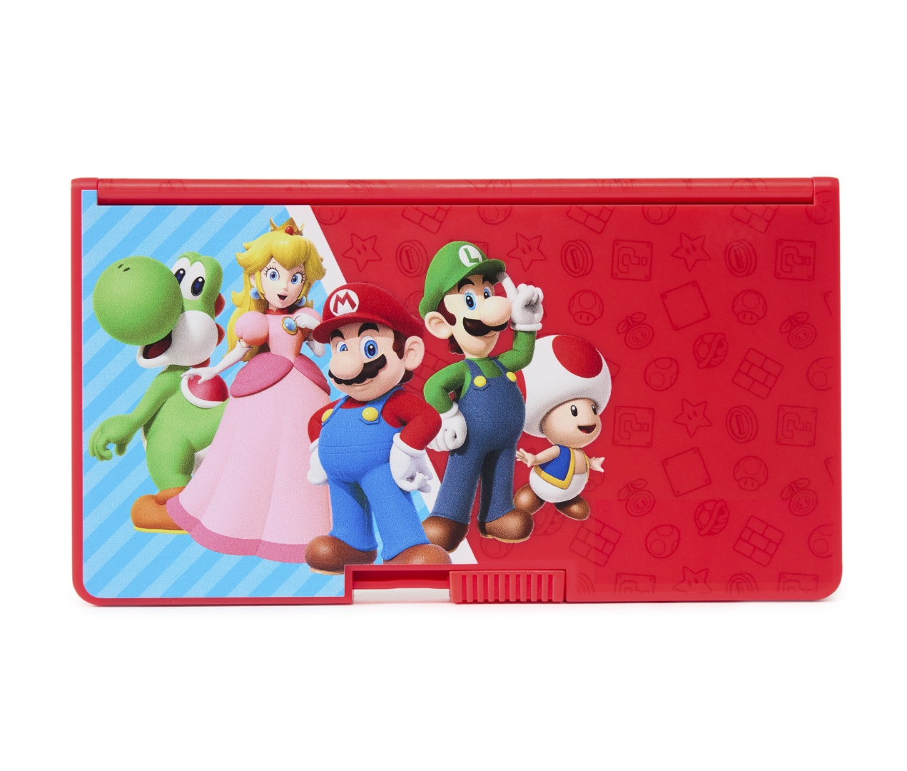Die Mario-Charaktere Yoshi, Peach, Mario, Luigi und Toad auf einer roten Hülle mit Sternen.
