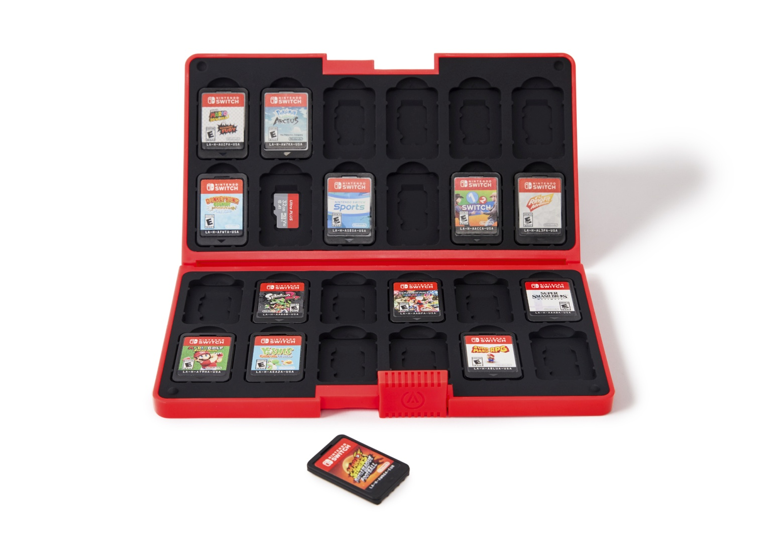 Roter Koffer für Nintendo Switch-Spiele, mit einigen Spielen und einer SD-Karte.