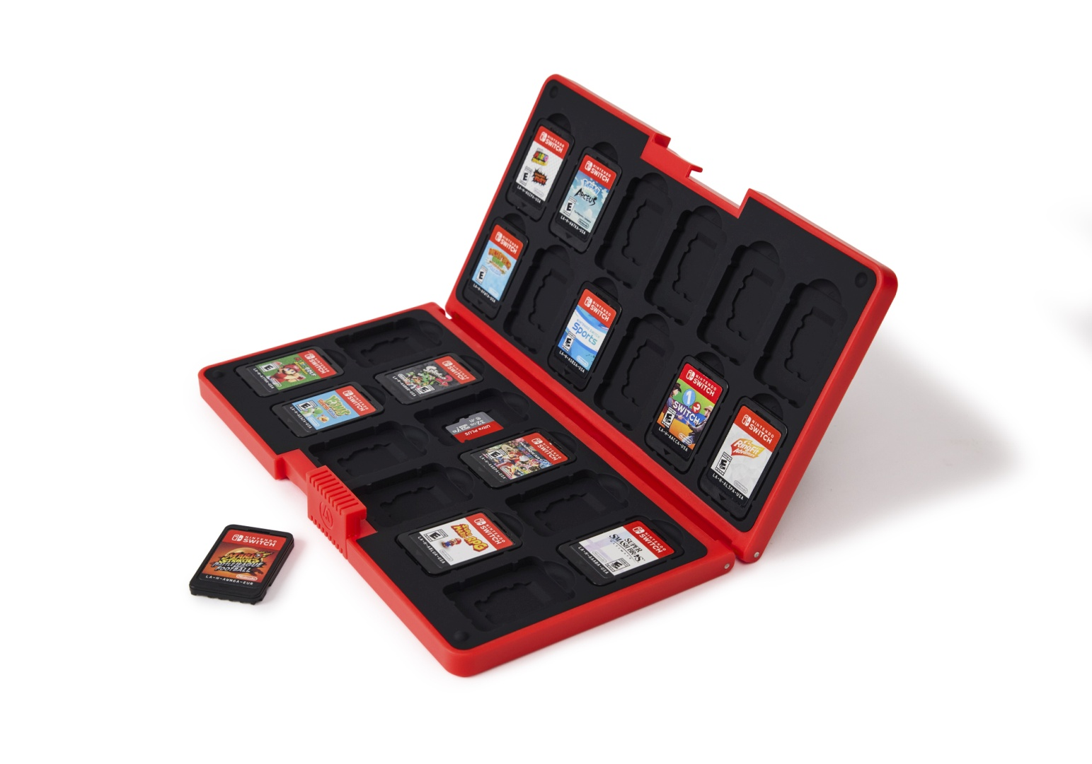 Ein rotes Nintendo Switch-Etui mit Spielen, eines liegt daneben.