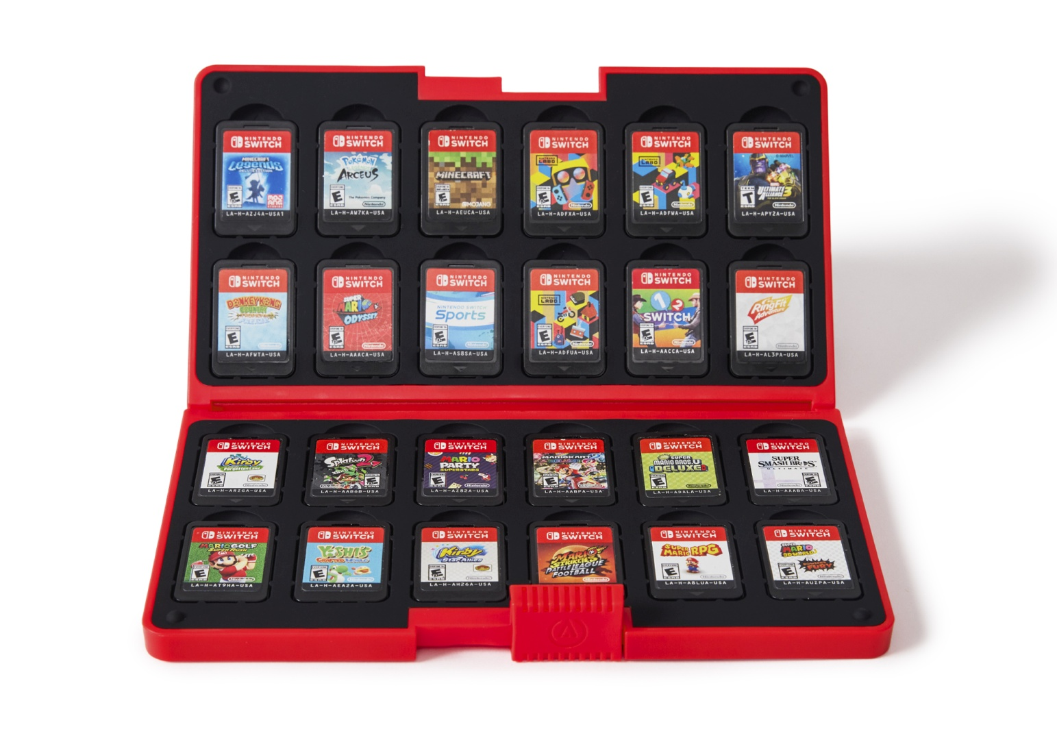 Ein rotes Etui mit geöffnetem Deckel, das 15 Nintendo Switch-Spielkarten enthält.