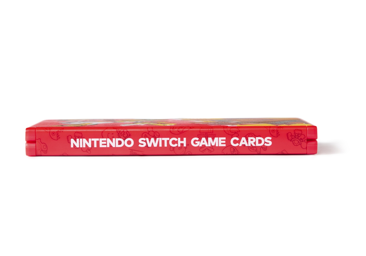 Rote Nintendo Switch-Spielehülle mit Cartoon-Motiven und weißem Schriftzug.