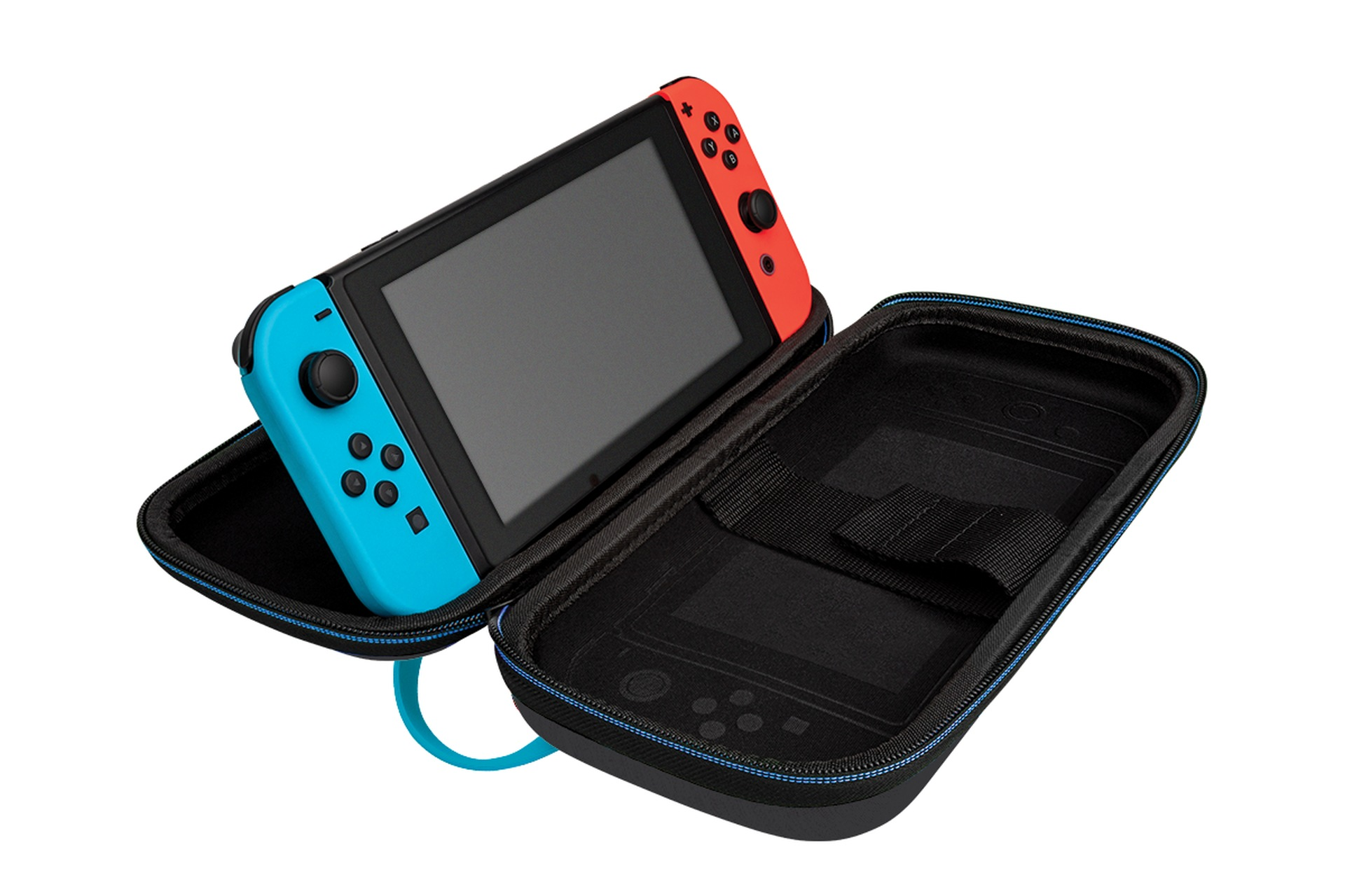 Un Nintendo Switch con controladores azules y rojos en un estuche negro.