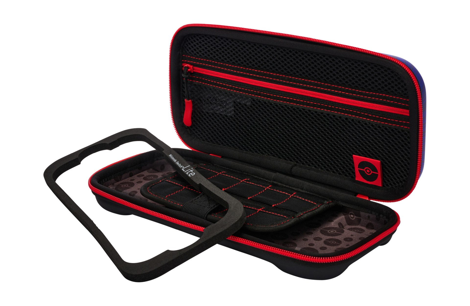 Ein offenes Nintendo Switch Lite Case mit rotem Reißverschluss und schwarzem Netz.