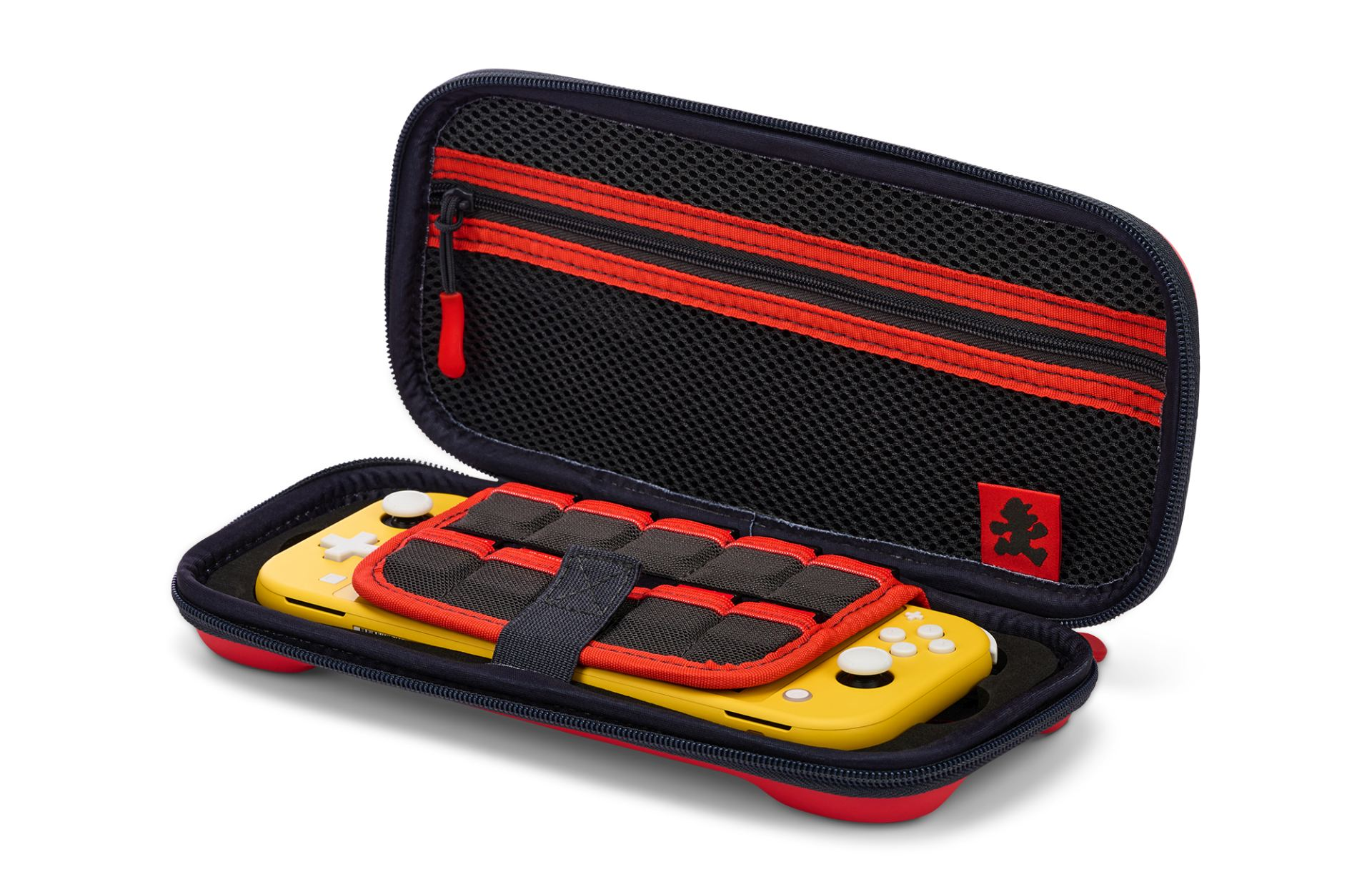 Żółty Nintendo Switch Lite w otwartej niebieskiej torbie z czerwonymi akcentami i przegrodami.