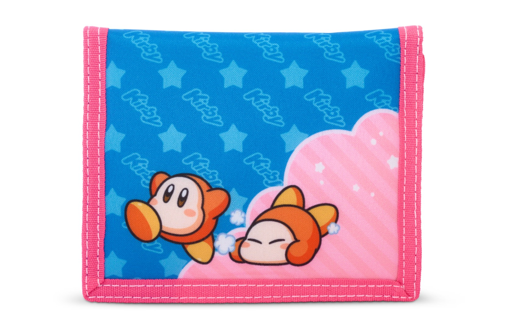 Różowo-niebieski portfel z postaciami Kirby i gwiazdami.