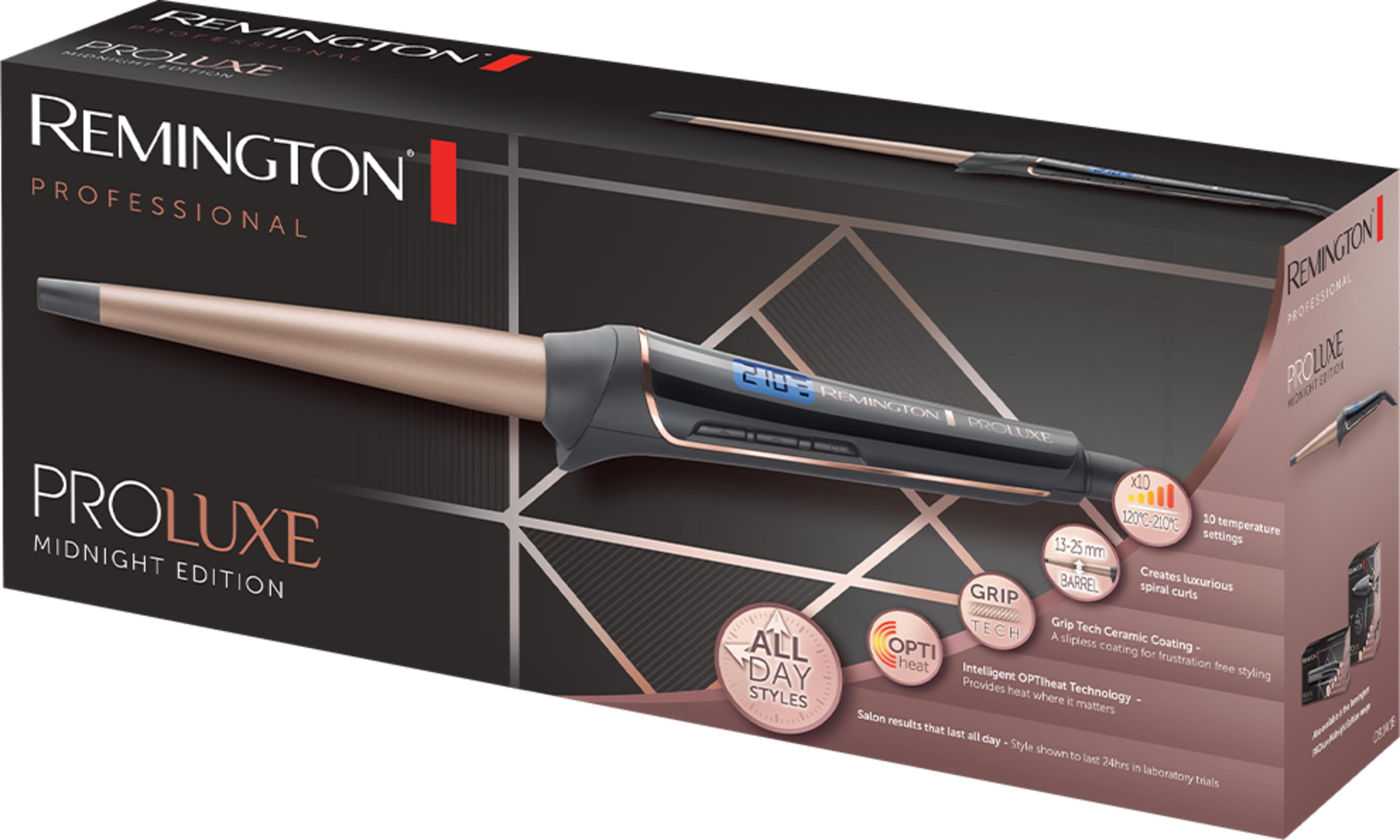 Opakowanie lokówki Remington z cyfrowym wyświetlaczem i cechami produktu.